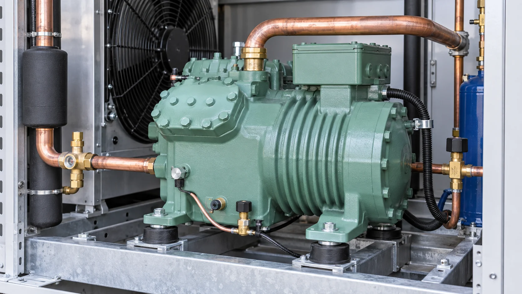 Semi-hermetic refrigeration compressor with copper suction and discharge lines on a serviceable frame