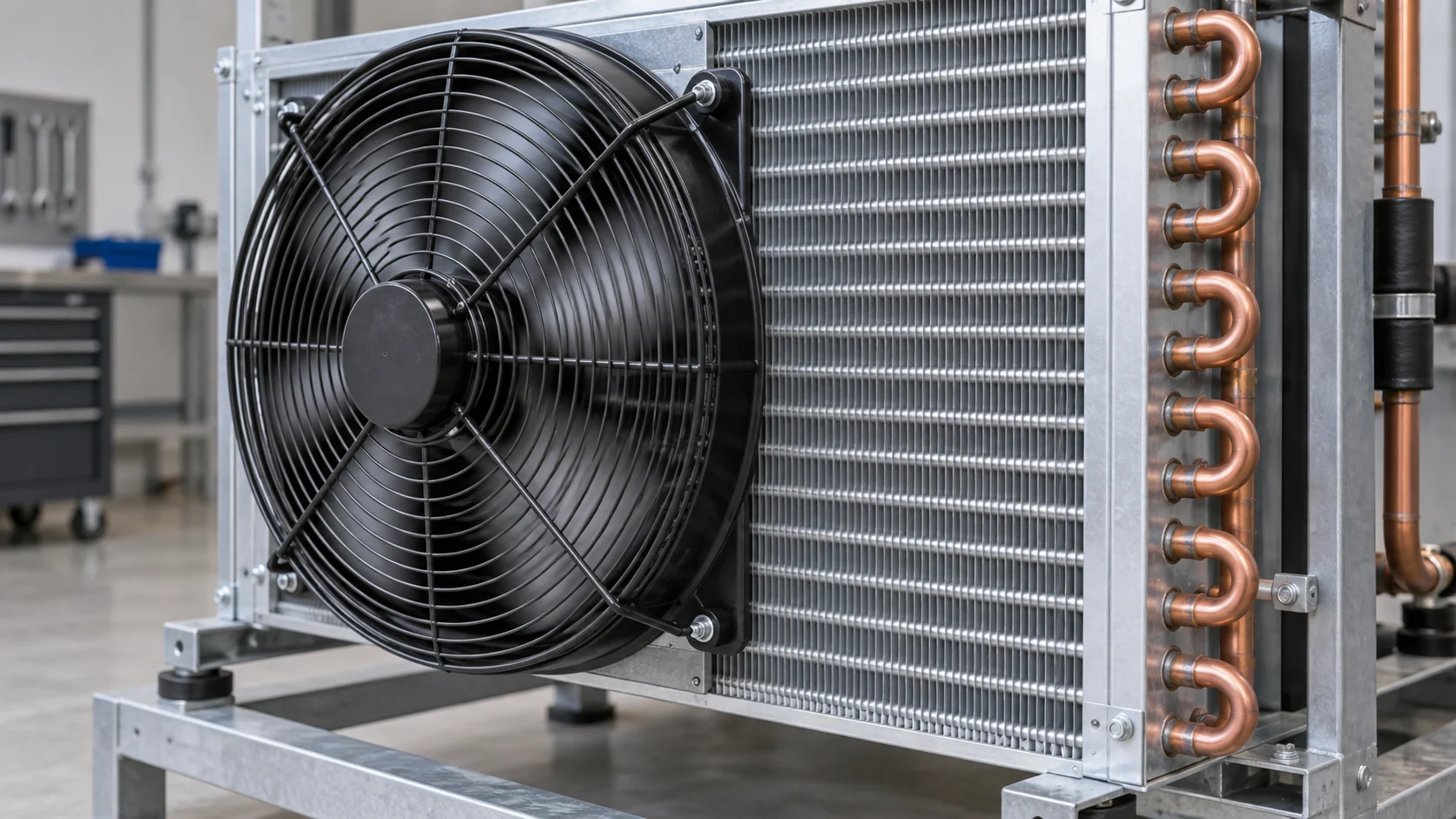 Finned-tube refrigeration condenser coil with fan guard and practical cleaning clearance