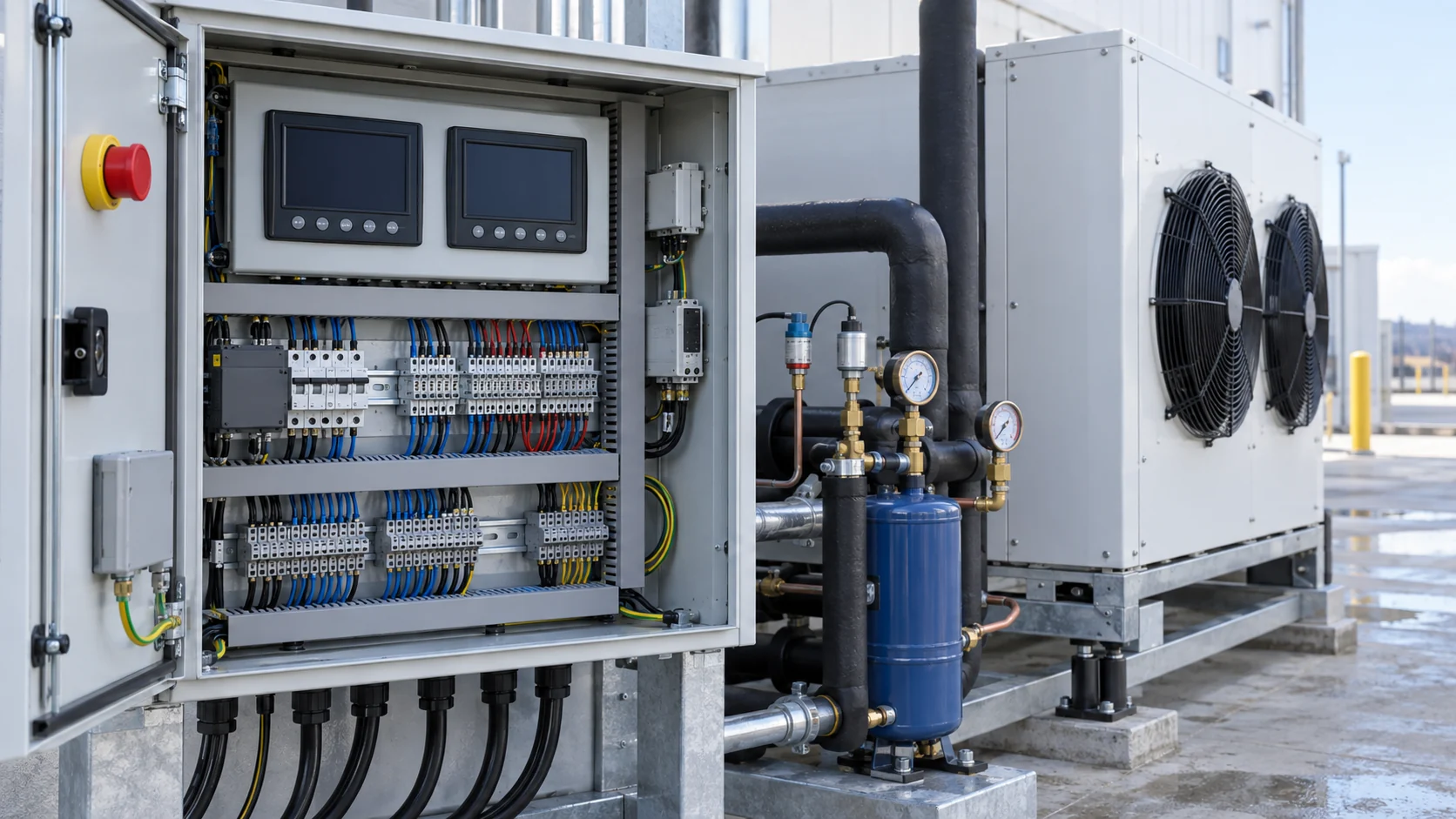 Industrial refrigeration control panel with sensors, wiring, alarms and service access