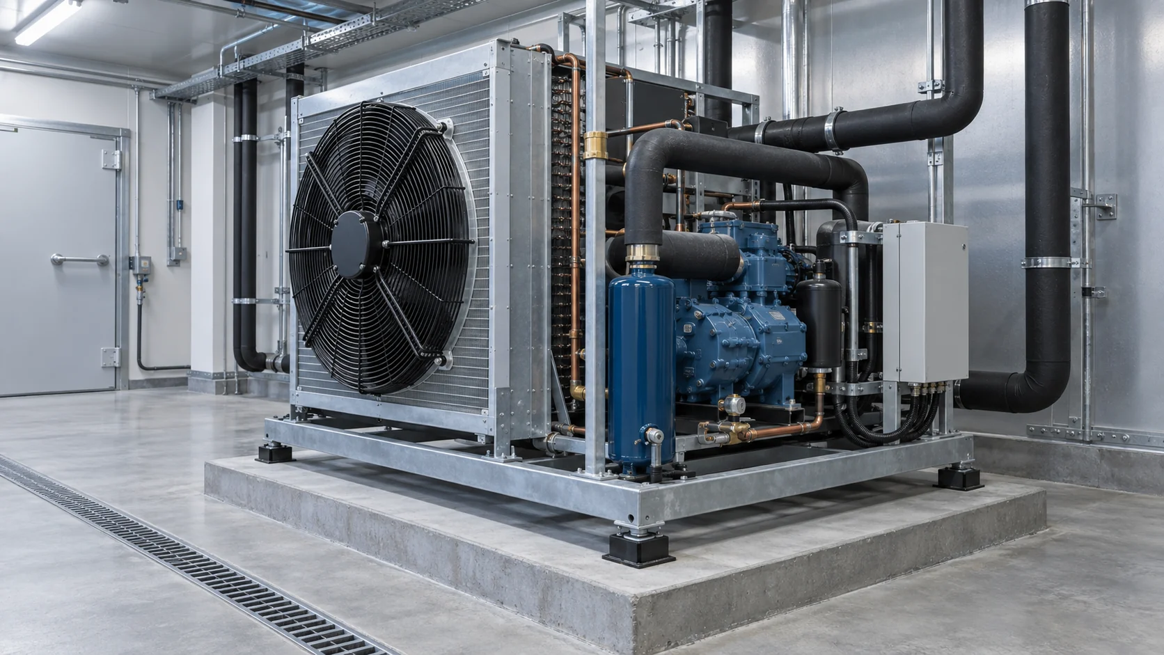 Unidad de refrigeración empaquetada en una sala de equipos comerciales con compresor, ventilador del condensador, líneas aisladas y espacio de servicio