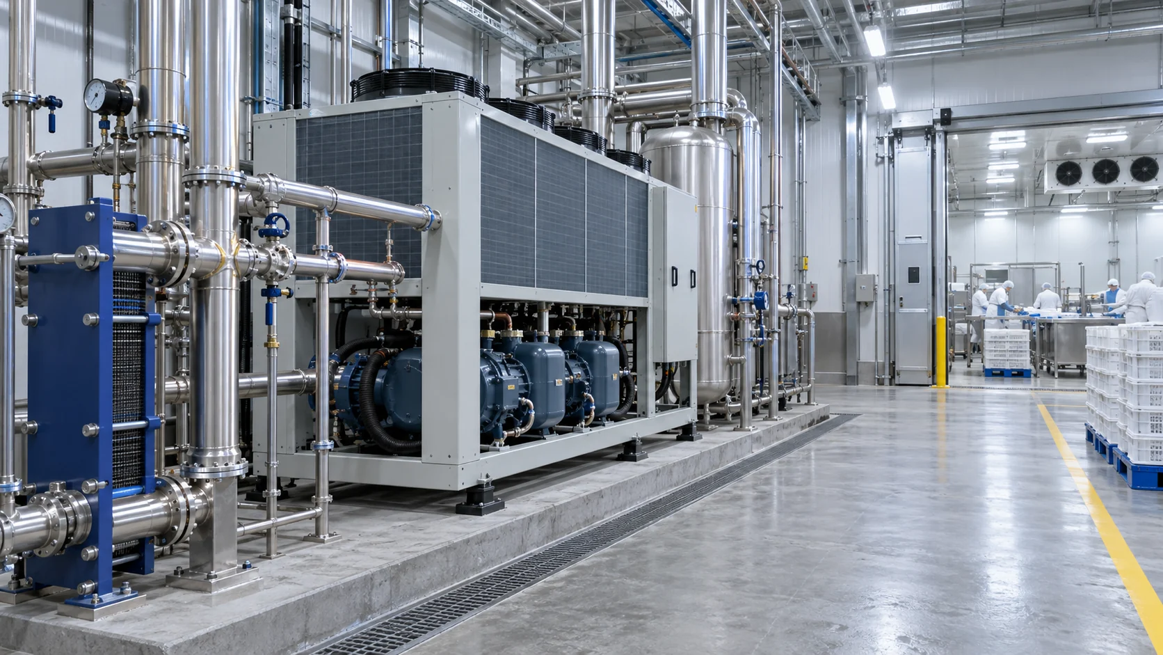 Packaged refrigeration unit serving a food-processing or cold-storage process area with stainless piping