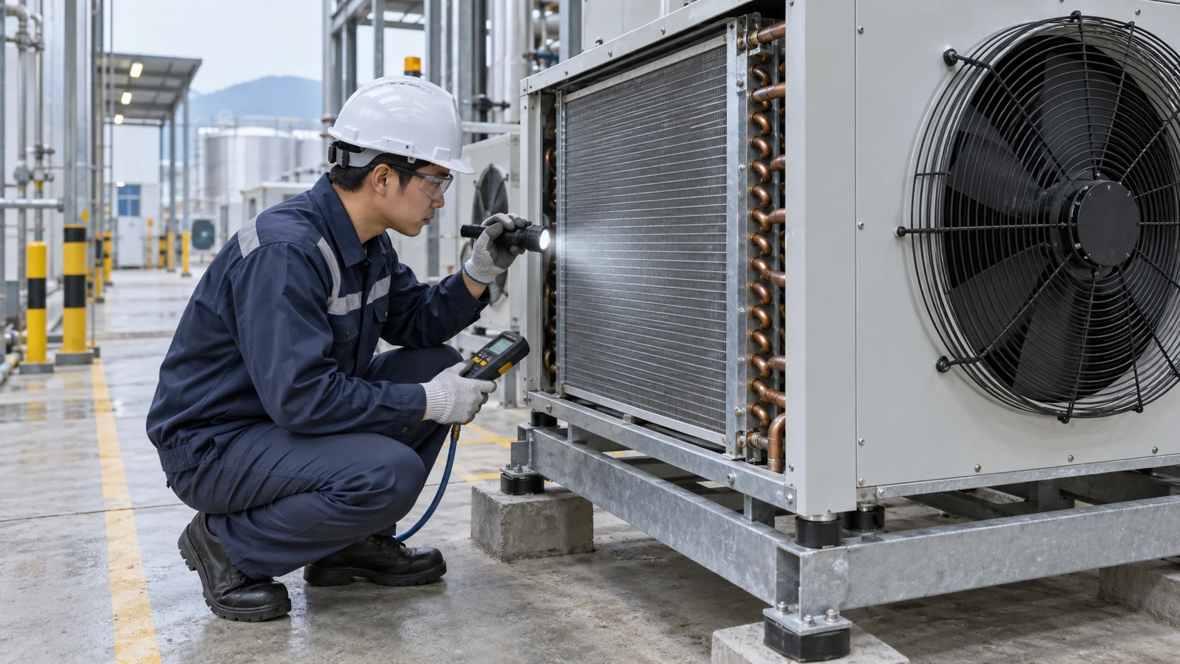 Asian refrigeration technician inspecting condenser fins and fan airflow on a packaged unit