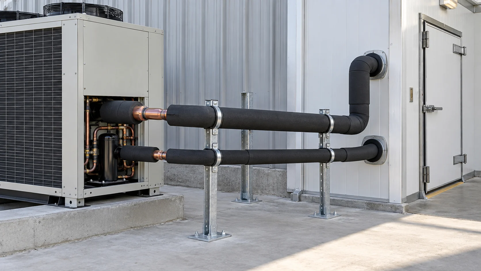 Insulated refrigerant piping leaving a packaged refrigeration unit with brazed joints and supports