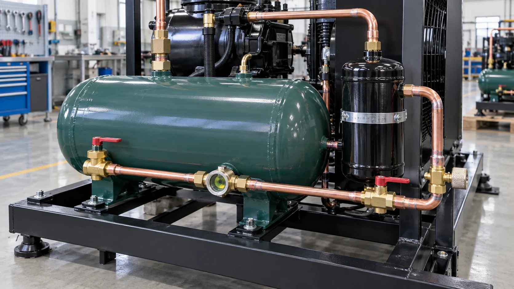 Liquid receiver and filter-drier assembly with sight glass, valves and copper tubing