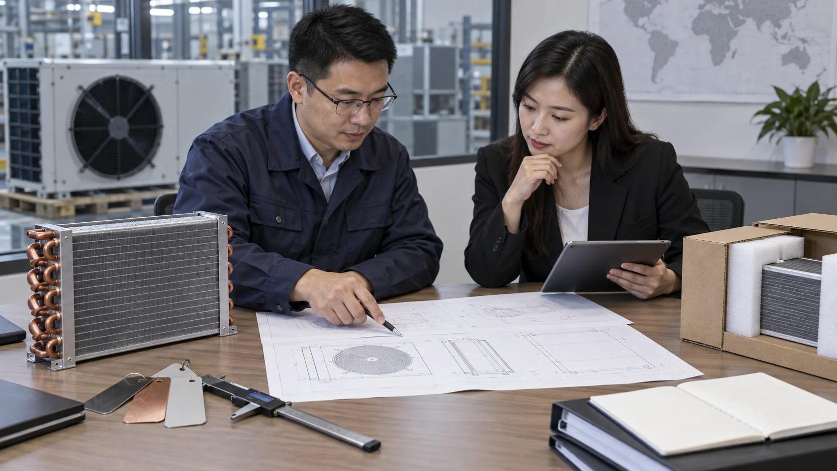 Asian engineer and buyer reviewing blank technical drawings, a coil sample, caliper and packaging mockup