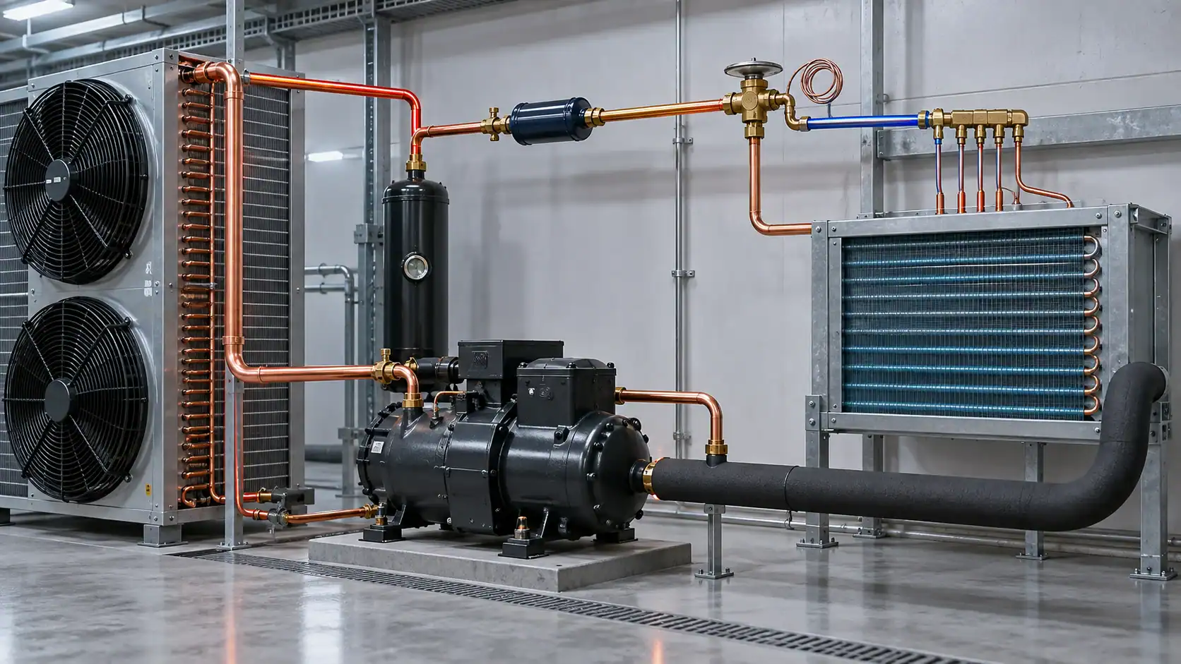 Industrial refrigeration system with compressors, heat exchangers, and piping.