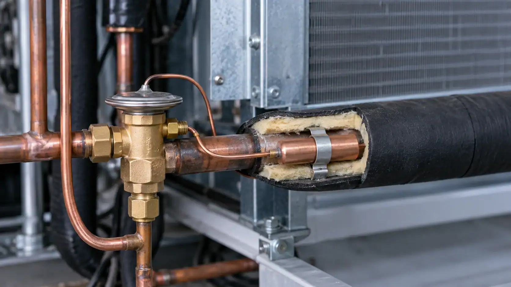 Close-up of refrigeration copper piping and insulation in a commercial cooling system.