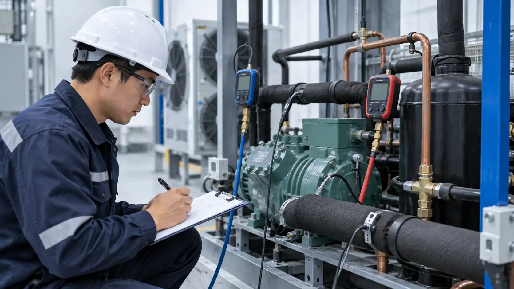 Asian commissioning engineer recording suction pressure, pipe temperature, superheat, and load conditions on a refrigeration test sheet