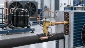 Industrial refrigeration system with compressor and cooling coil in a commercial setting.
