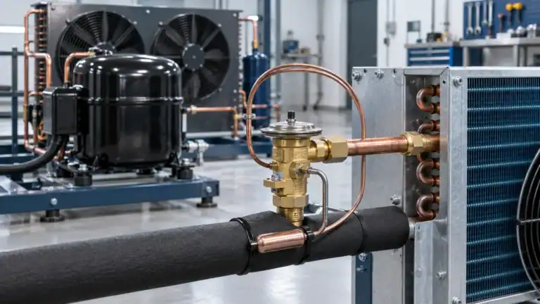 Industrial refrigeration system with compressor and cooling coil in a commercial setting.