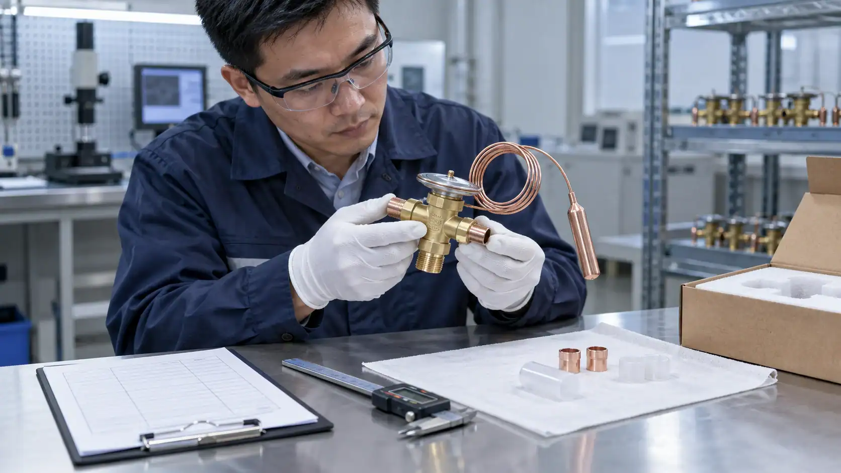 Asian quality inspector checking TXV body markings, sensing bulb, capillary tube, connections, and packaging