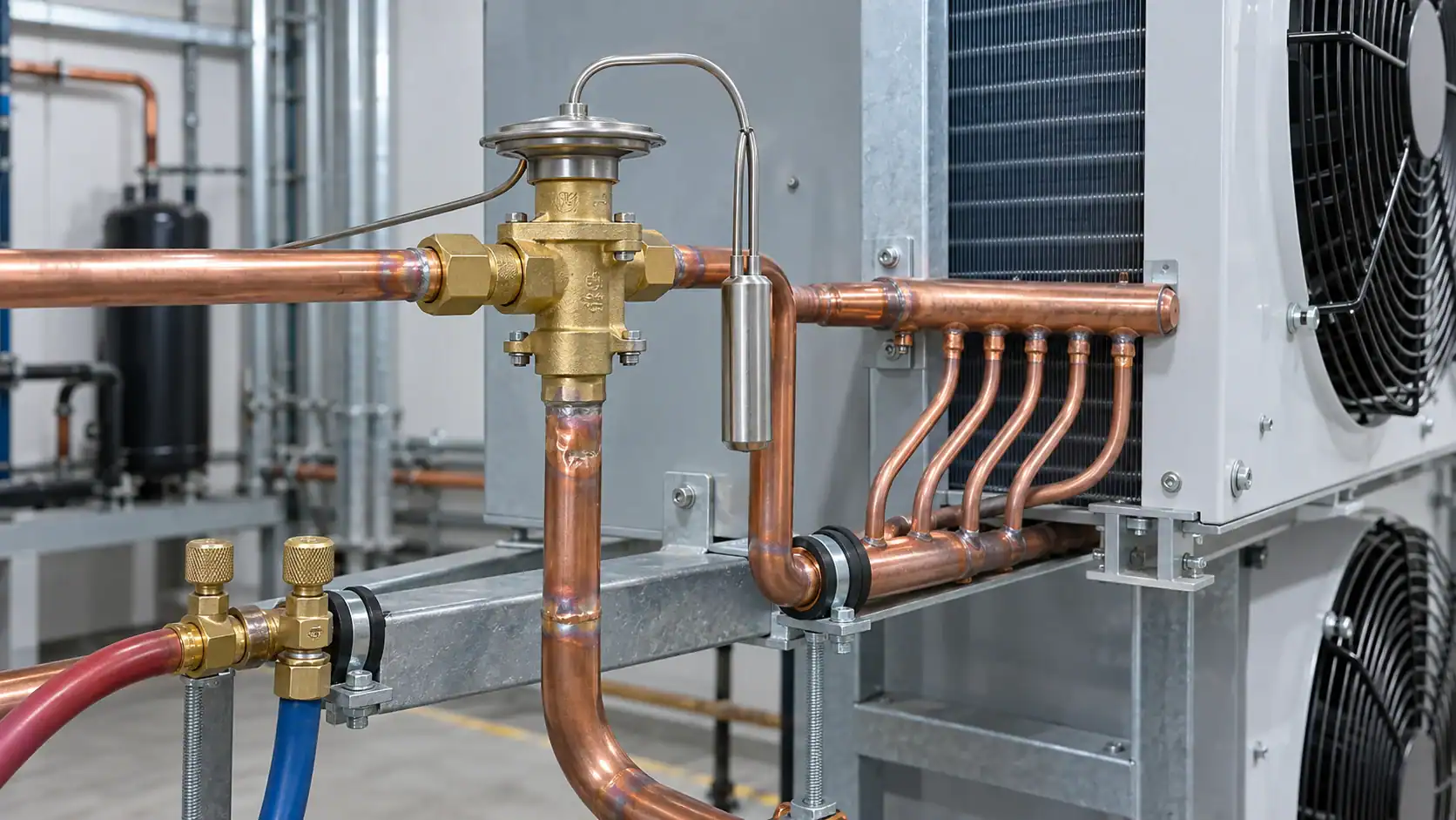 Industrial refrigeration system with copper pipes and cooling units at Domi Refrigeration.