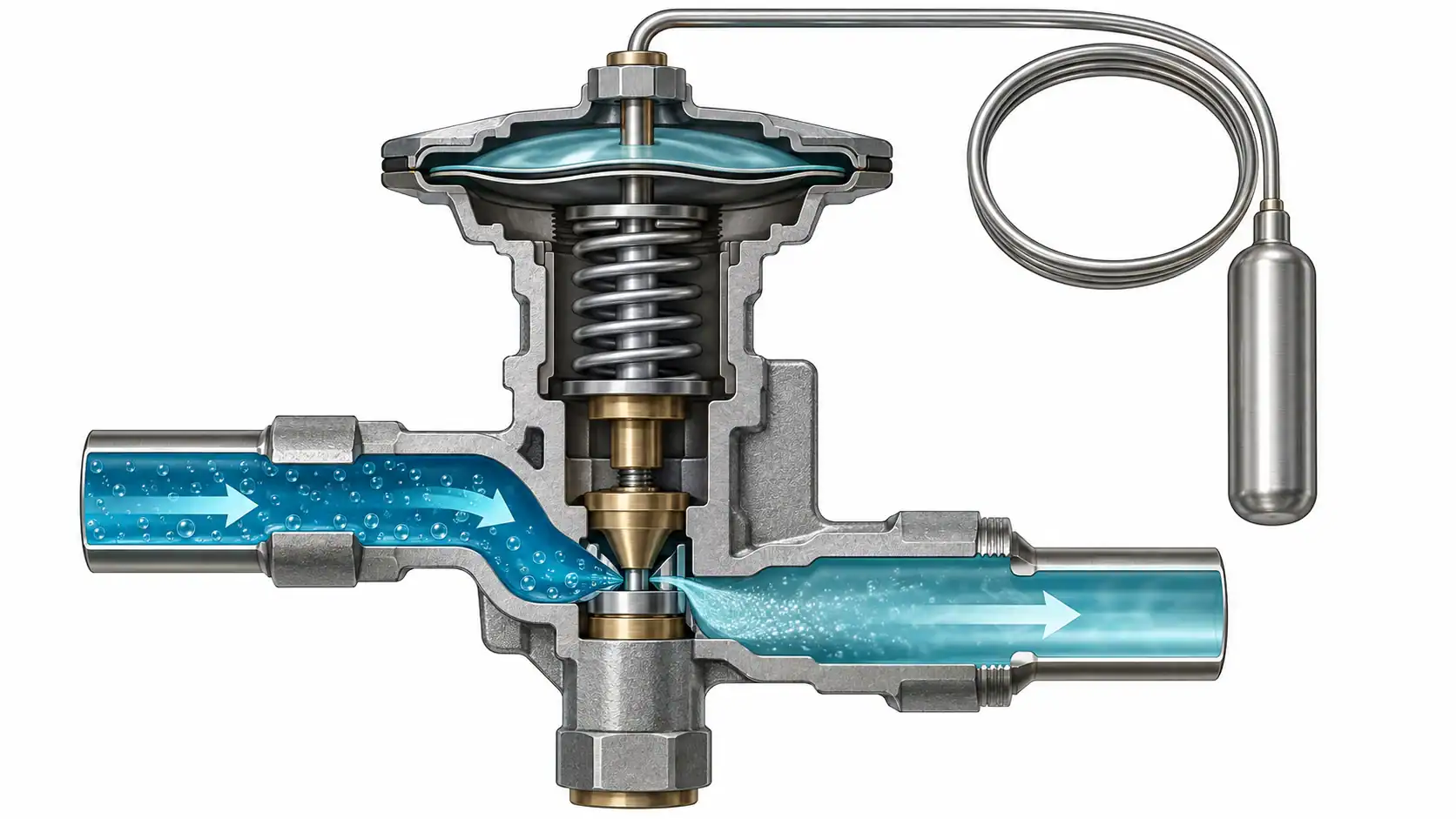 Cutaway view of a refrigeration valve showing internal components and flow paths.