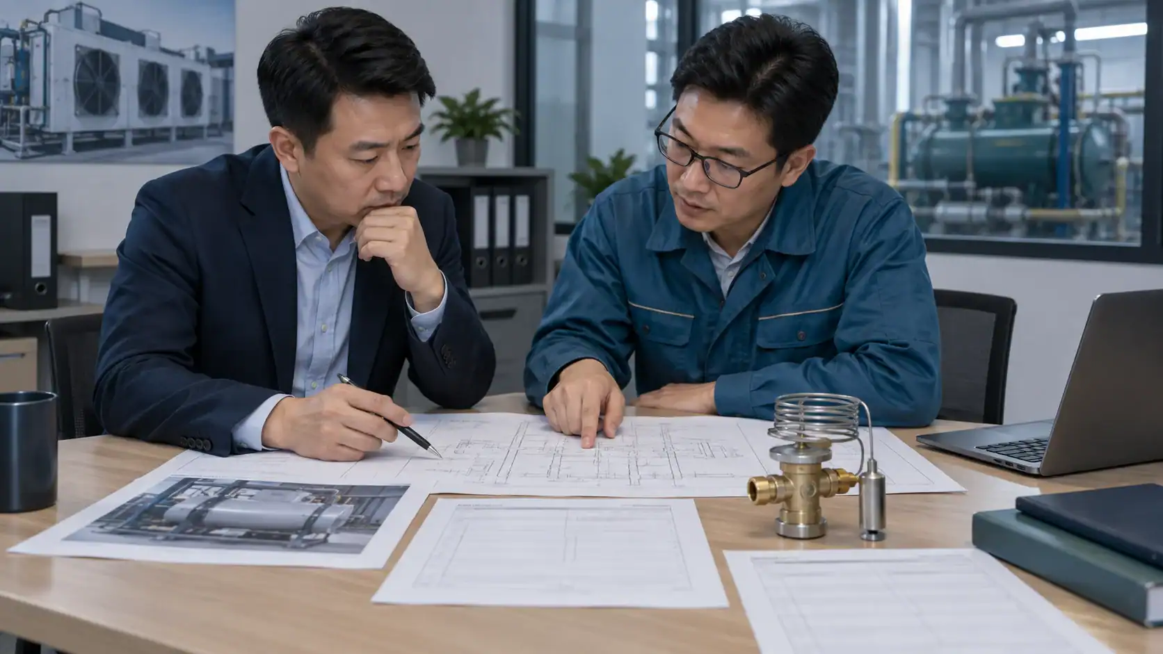 Two engineers reviewing technical blueprints in a modern industrial setting.