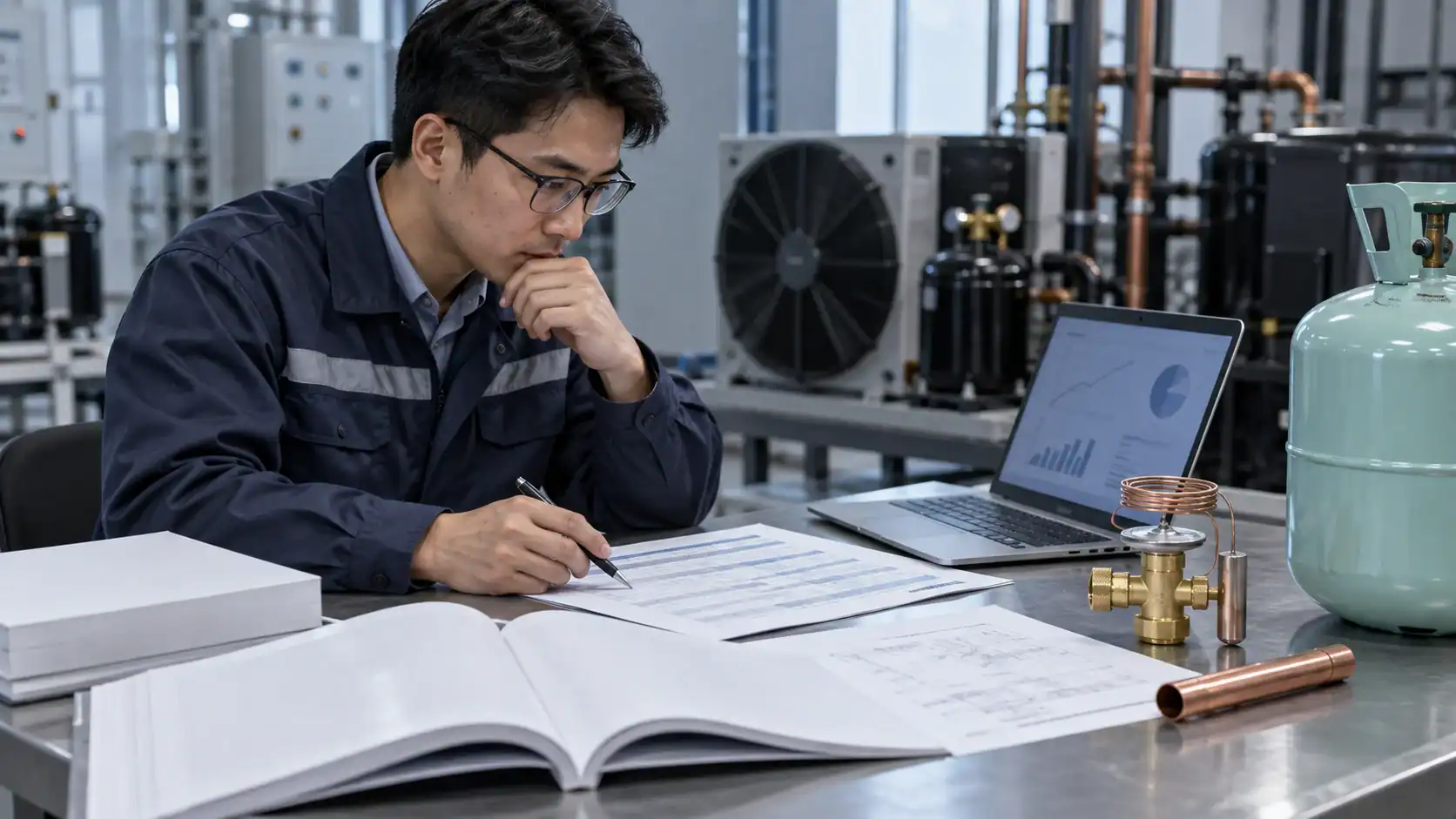 Engineer analyzing refrigeration system data at Domi Refrigeration facility.