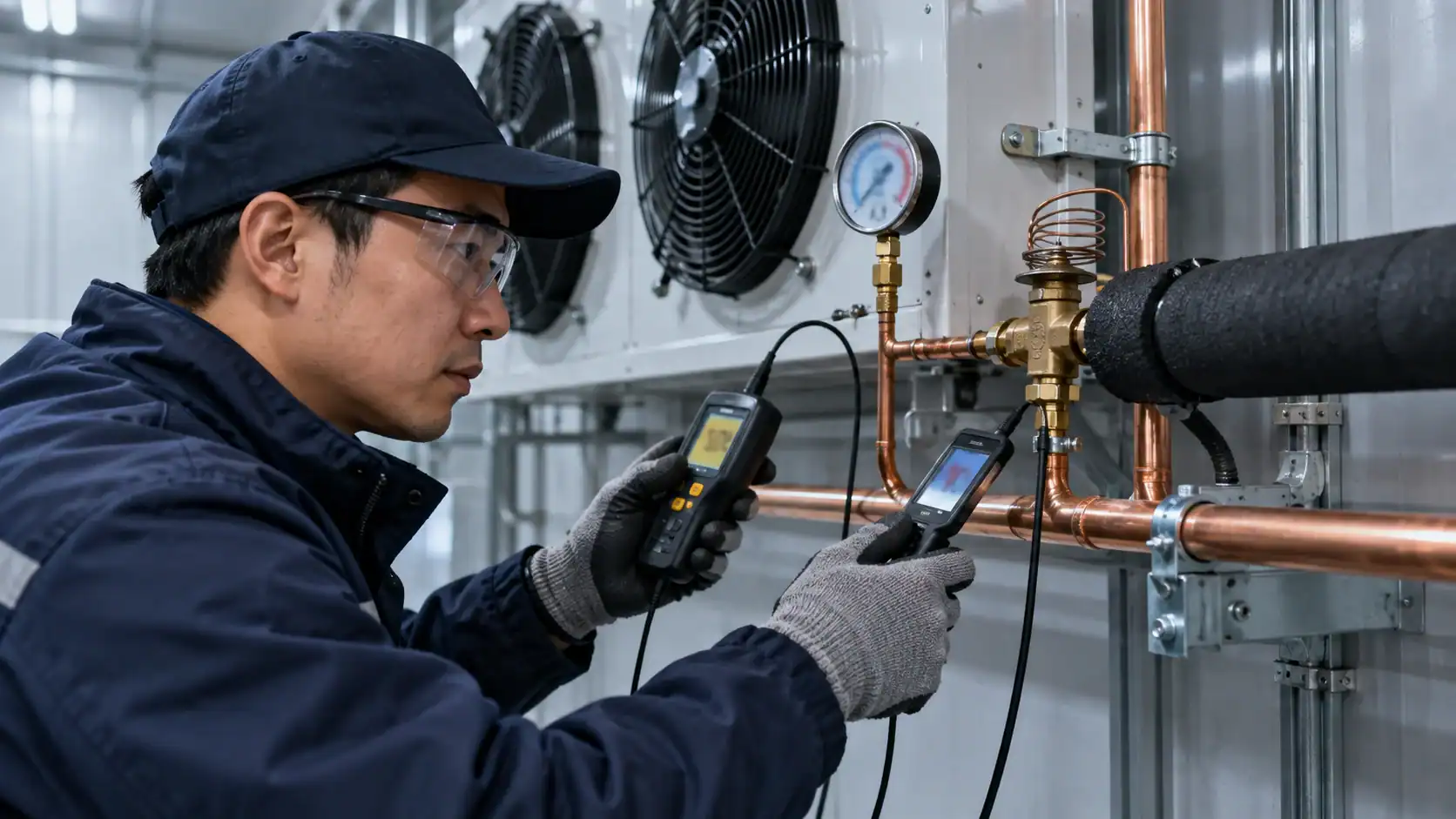 Technician inspecting industrial refrigeration system with gauges and tools.