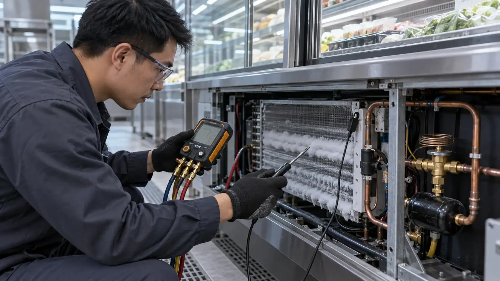 Technician inspecting commercial refrigeration unit with diagnostic tools.