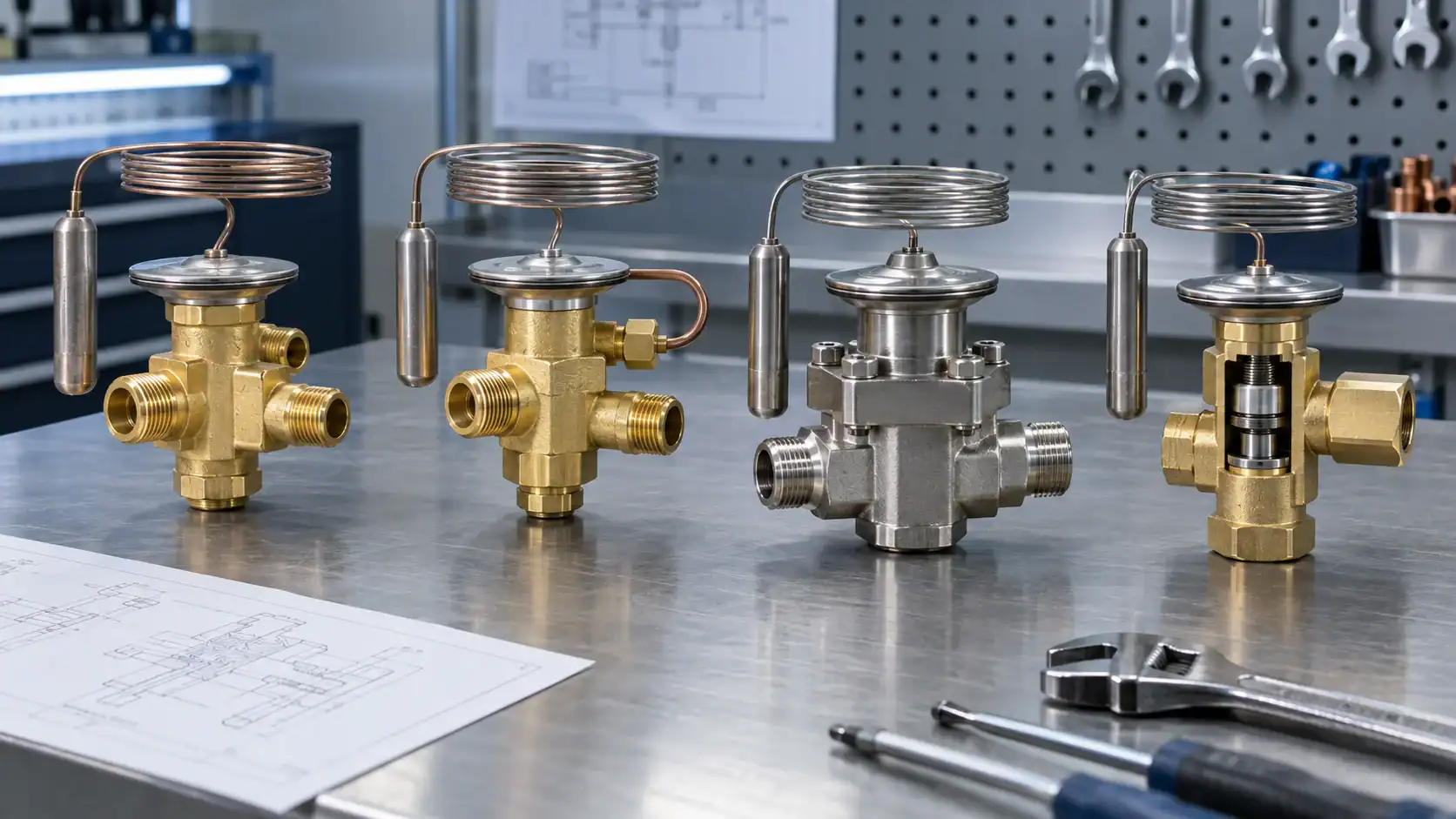 Collection of industrial refrigeration valves on a workbench at Domi Refrigeration.