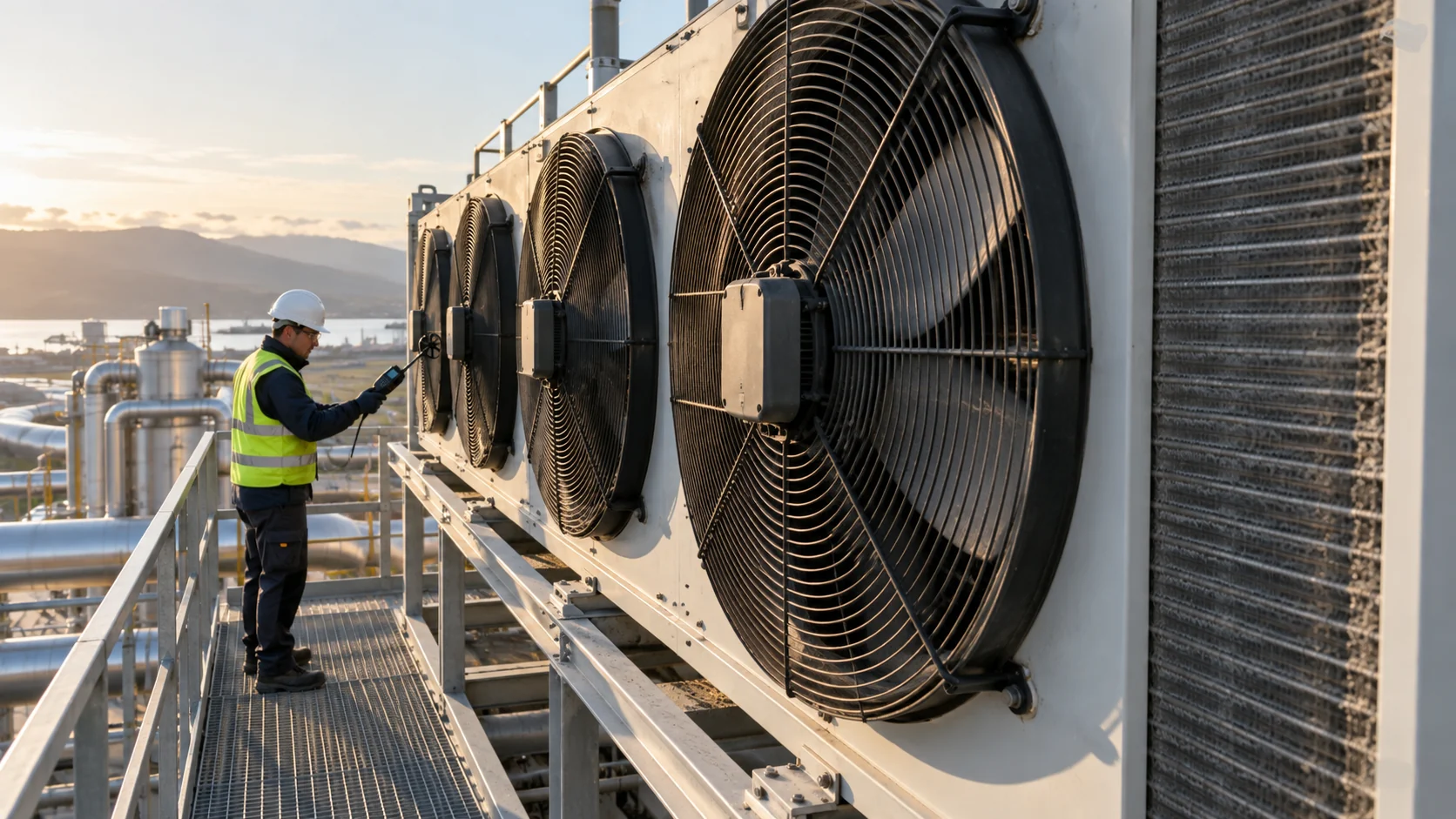 Condenser airflow and coil cleanliness Engineer checking condenser airflow and coil cleanliness with an anemometer