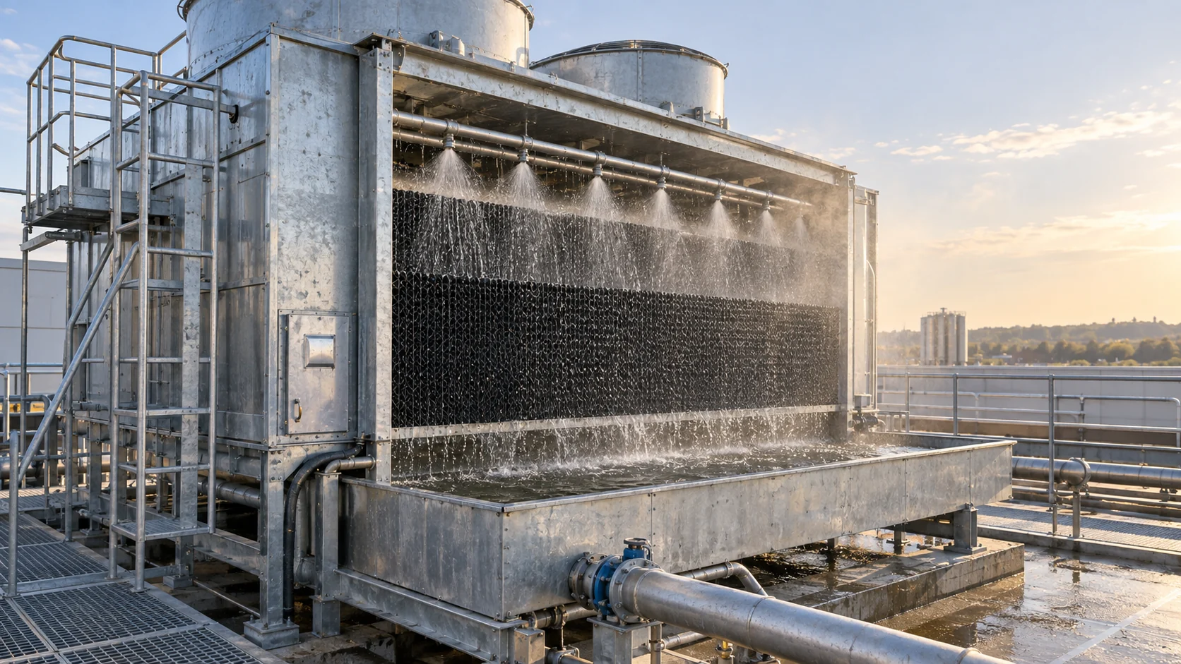Evaporative condenser Industrial evaporative condenser with spray headers and drift eliminators