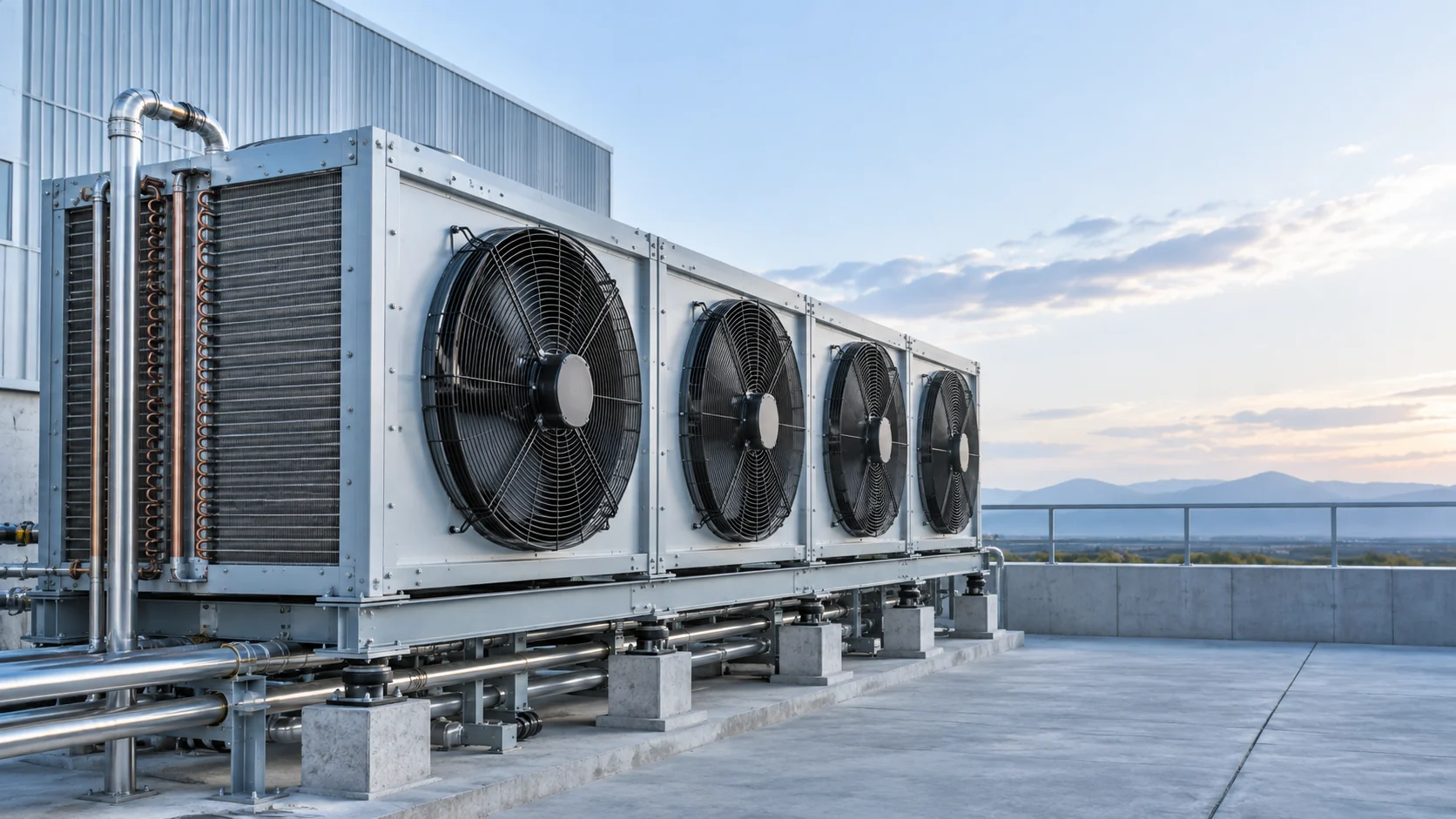 Types of condensers industrial refrigeration hero Industrial refrigeration condenser taxonomy hero with an air-cooled condenser bank