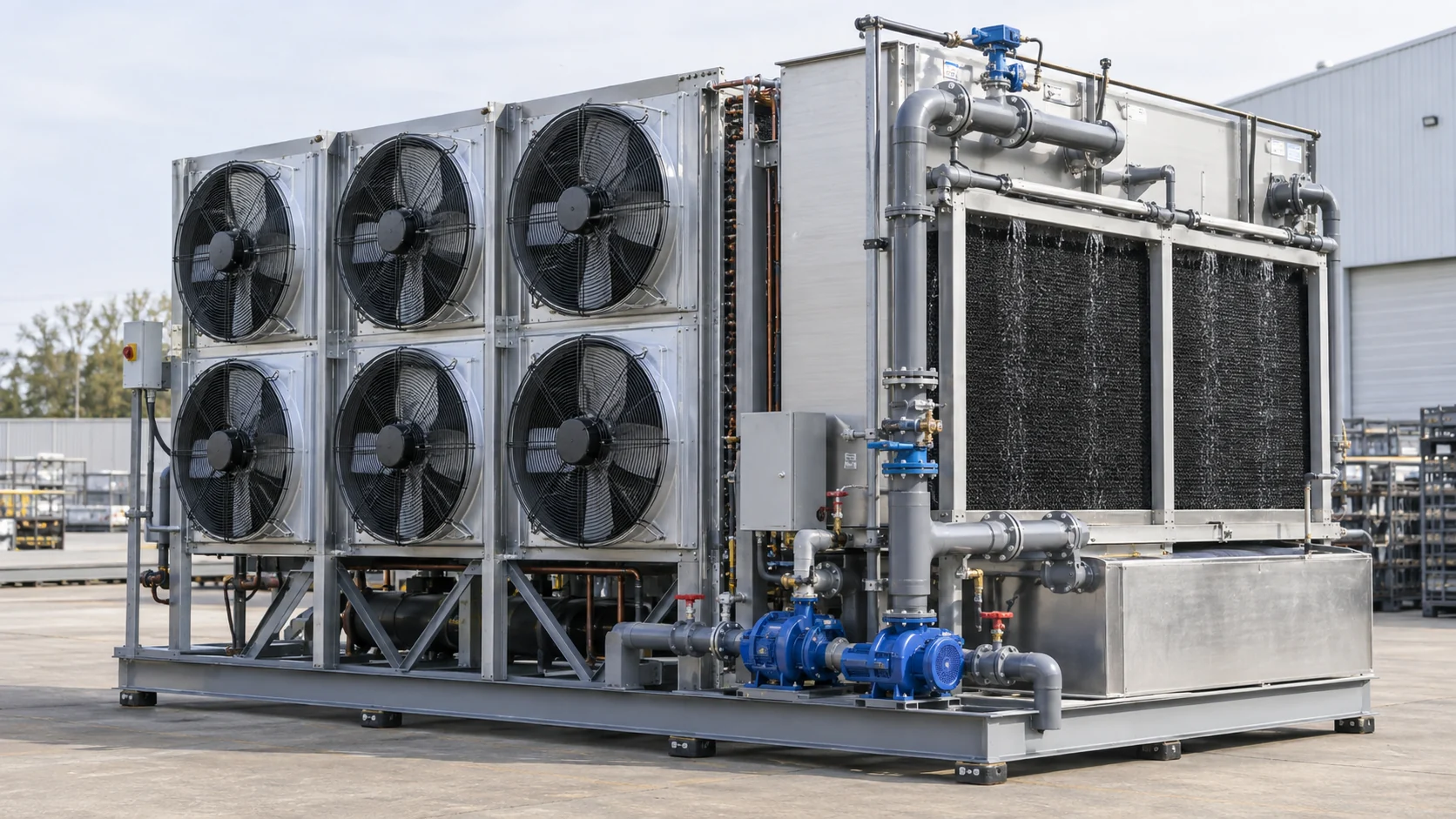 Hybrid condenser arrangement Hybrid condenser skid with separated dry-air and wetted-water heat-rejection paths