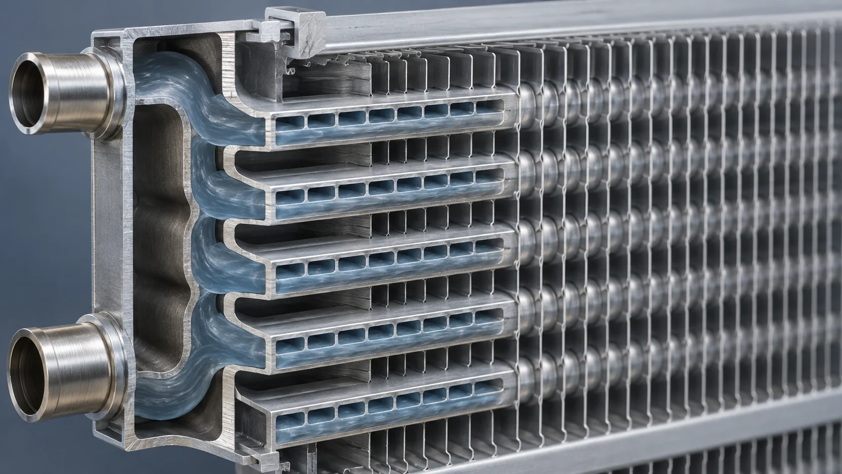 Microchannel condenser construction Microchannel condenser cross-section showing multi-port tubes and fins
