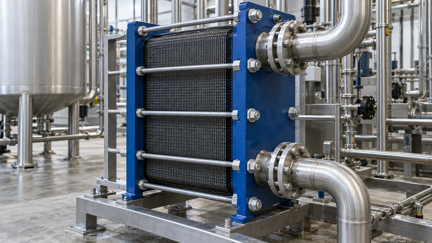 Plate condenser construction Plate heat exchanger condenser assembly with a compact plate pack