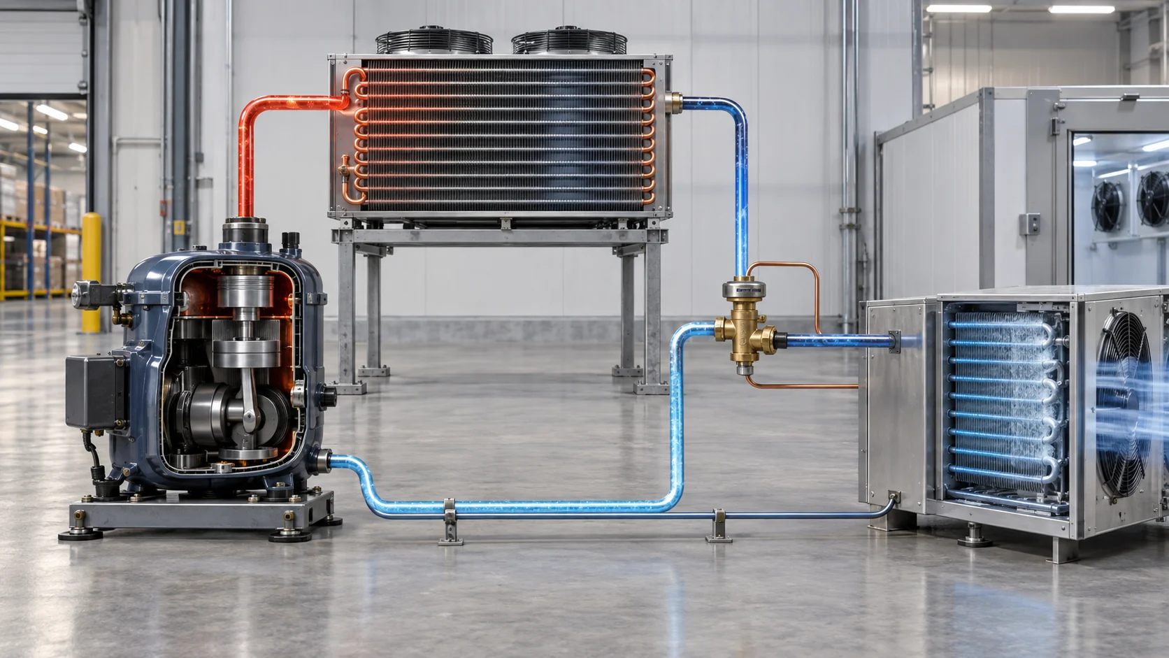 Refrigeration cycle condenser position Industrial refrigeration cycle showing compressor, condenser, expansion valve and evaporator