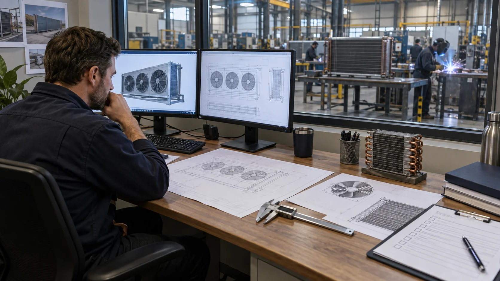 Condenser RFQ checklist B2B engineering desk with condenser drawings, fan data and water-quality checklist
