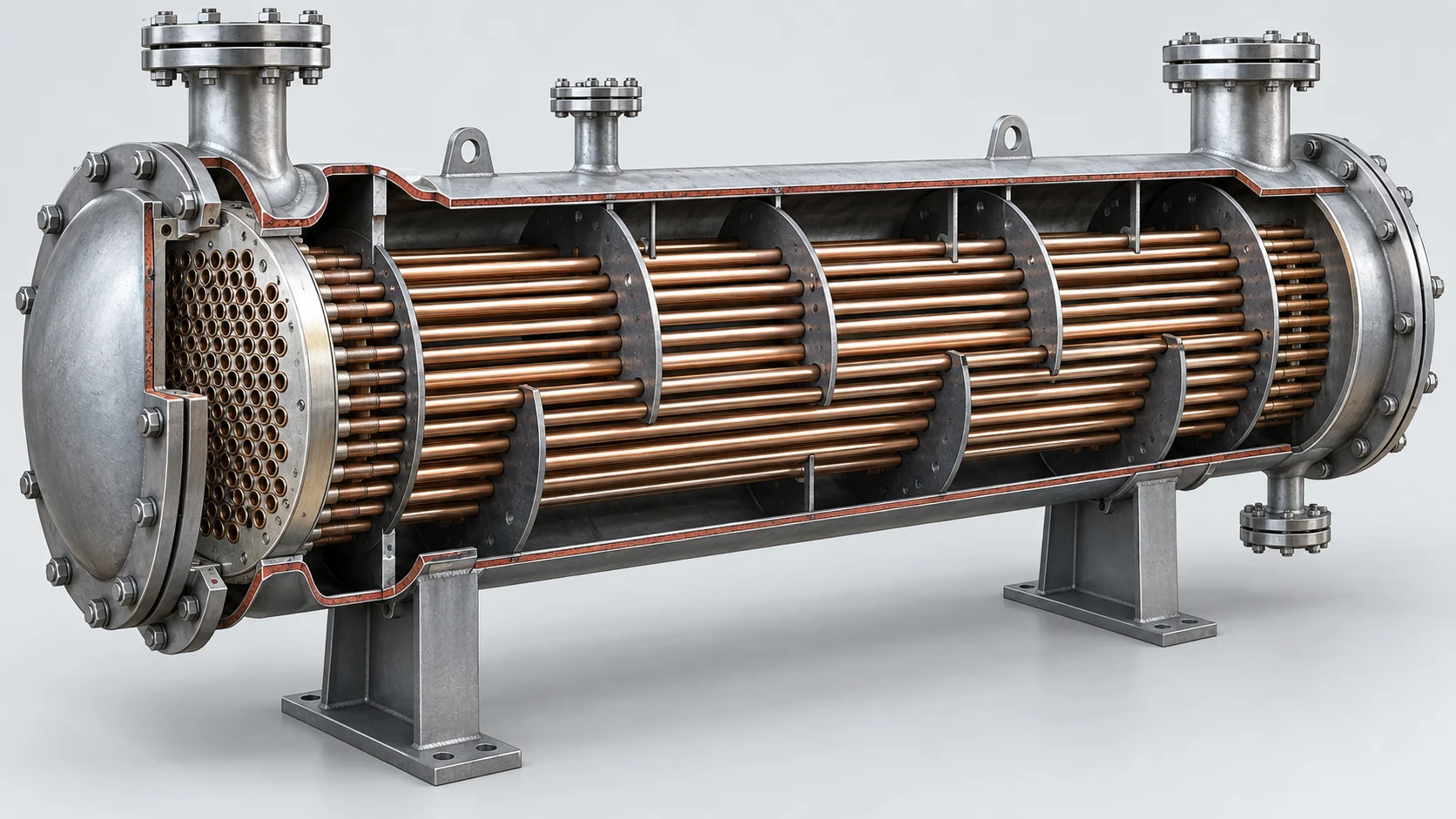 Shell-and-tube condenser construction Shell-and-tube condenser section with tube bundle, shell and service connections