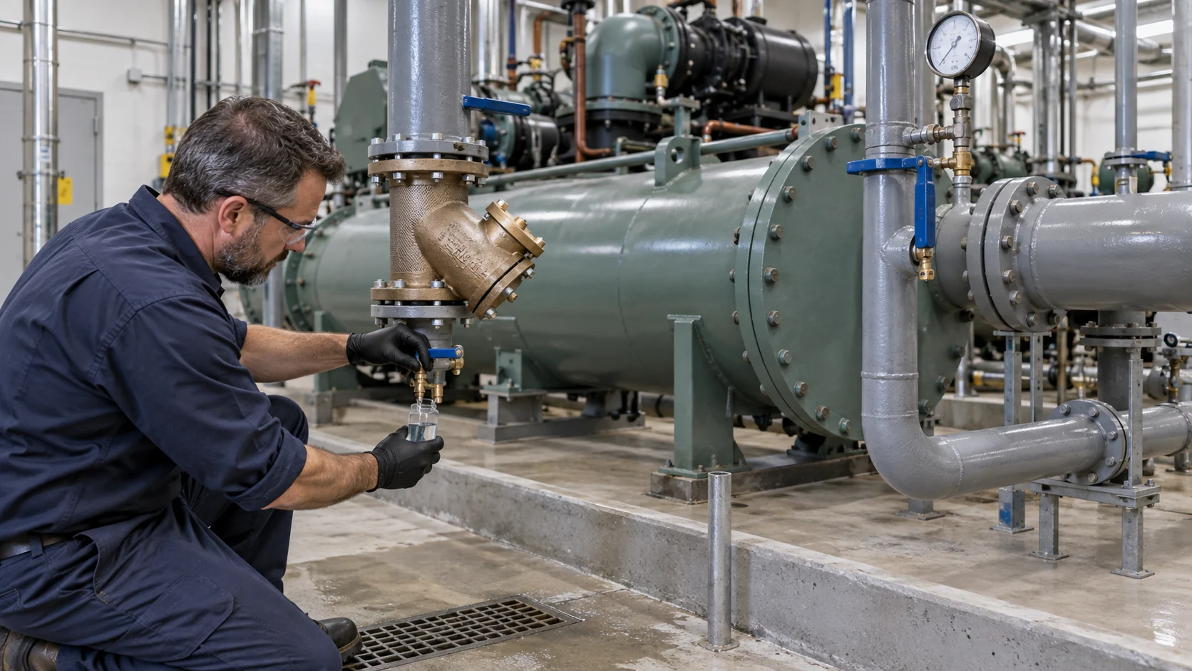 Water-cooled condenser water quality Technician sampling water quality on a water-cooled condenser loop