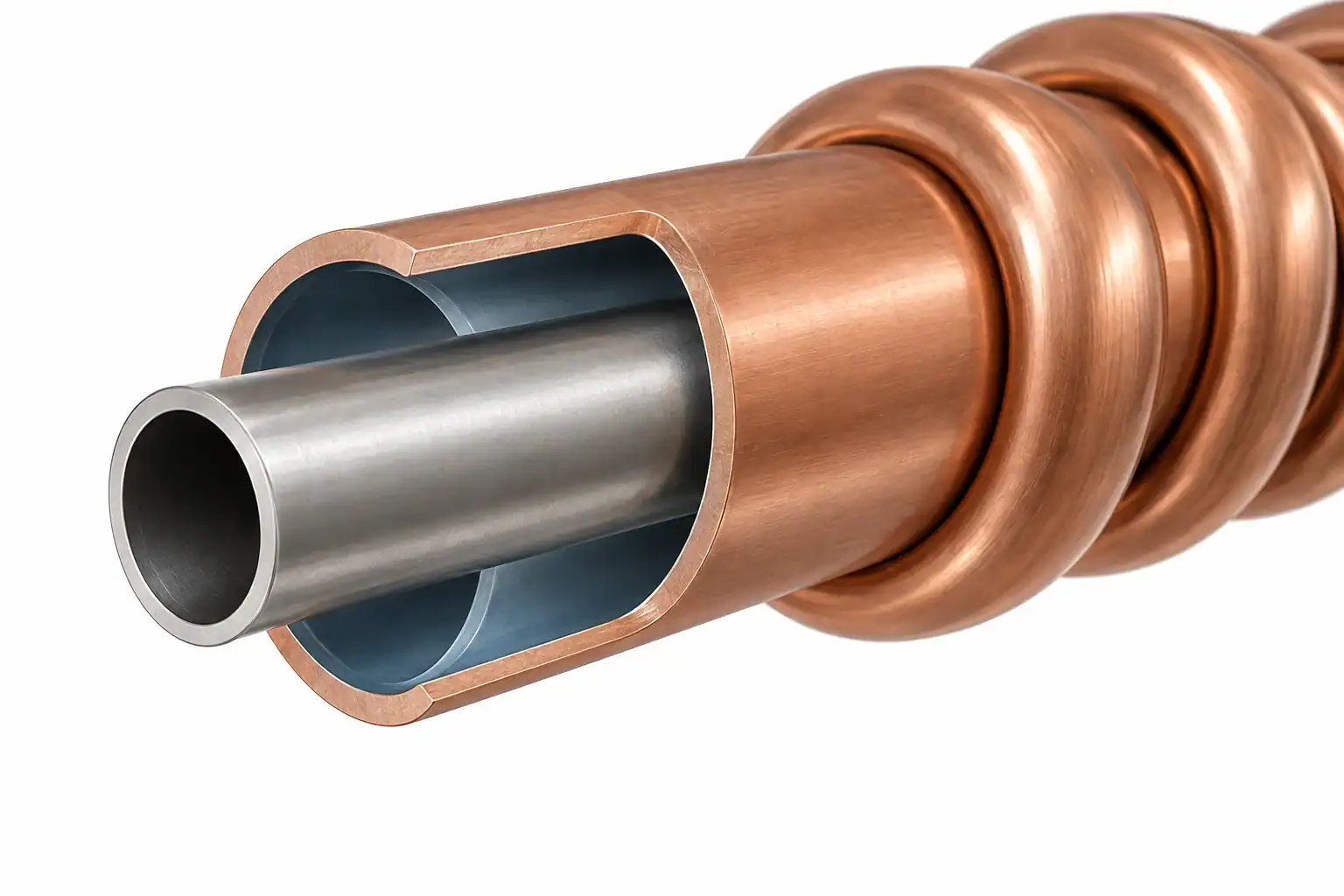 Close-up of a copper and steel refrigeration coil component.