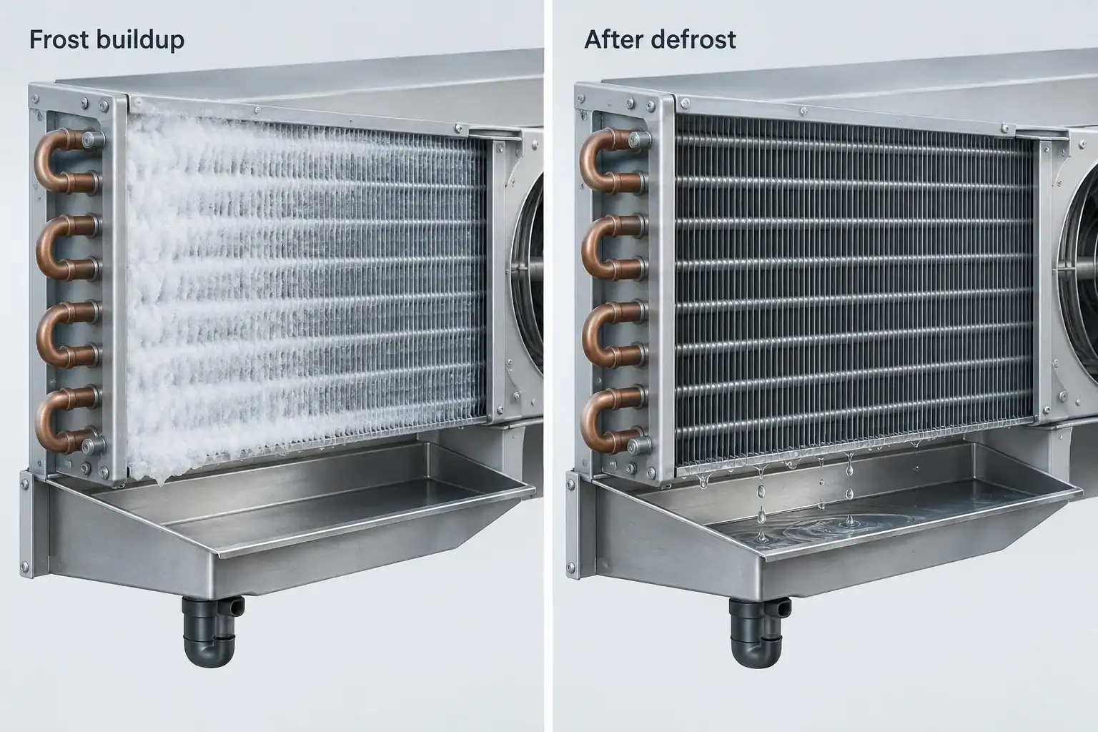 HVAC heat exchanger before and after defrost showing ice buildup and clean fins.
