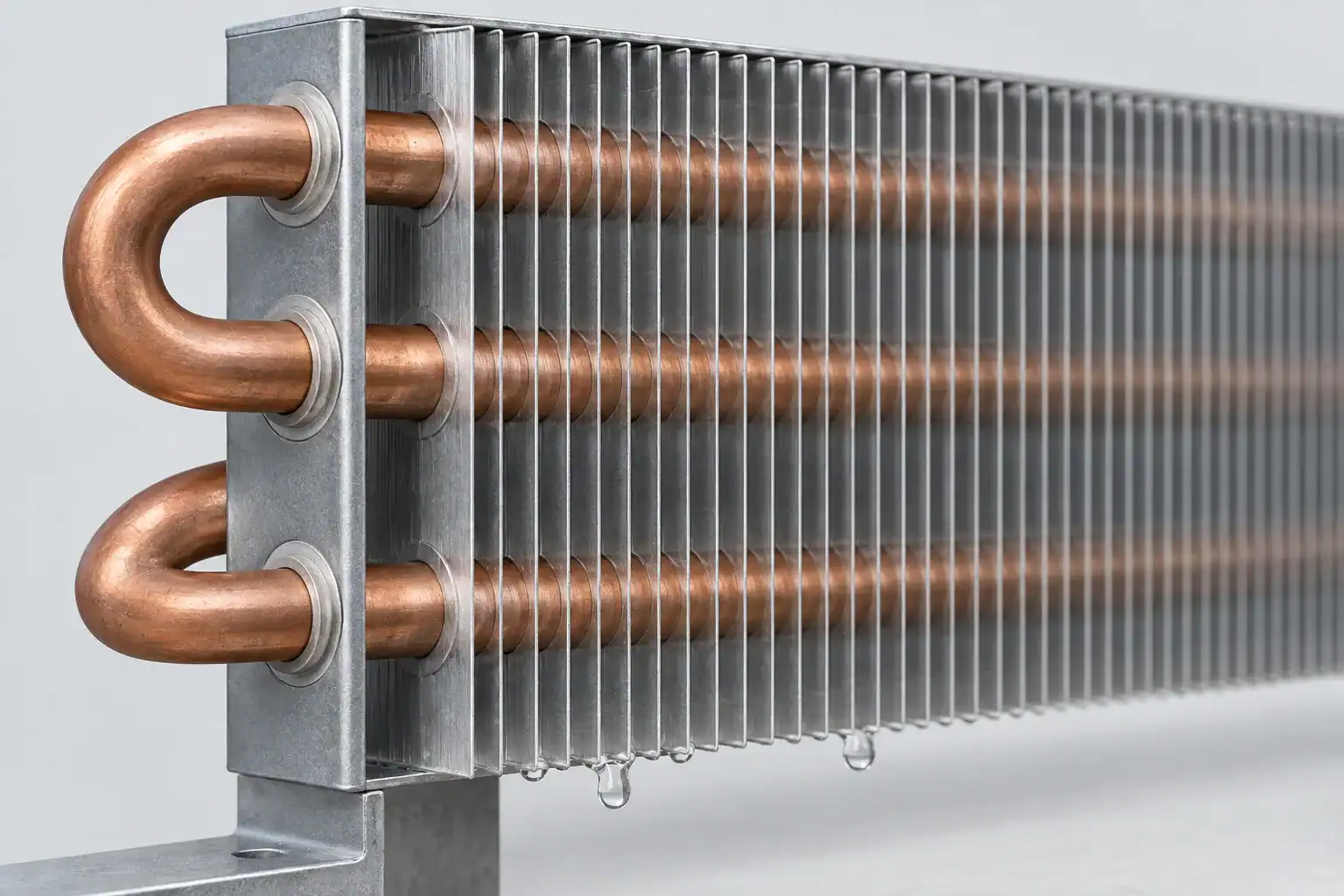 Copper return bends passing through aluminum evaporator fins with condensate droplets
