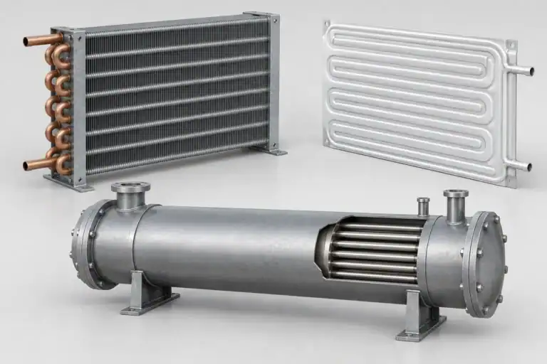 Illustrated finned coil, roll-bond plate and shell-and-tube evaporator constructions