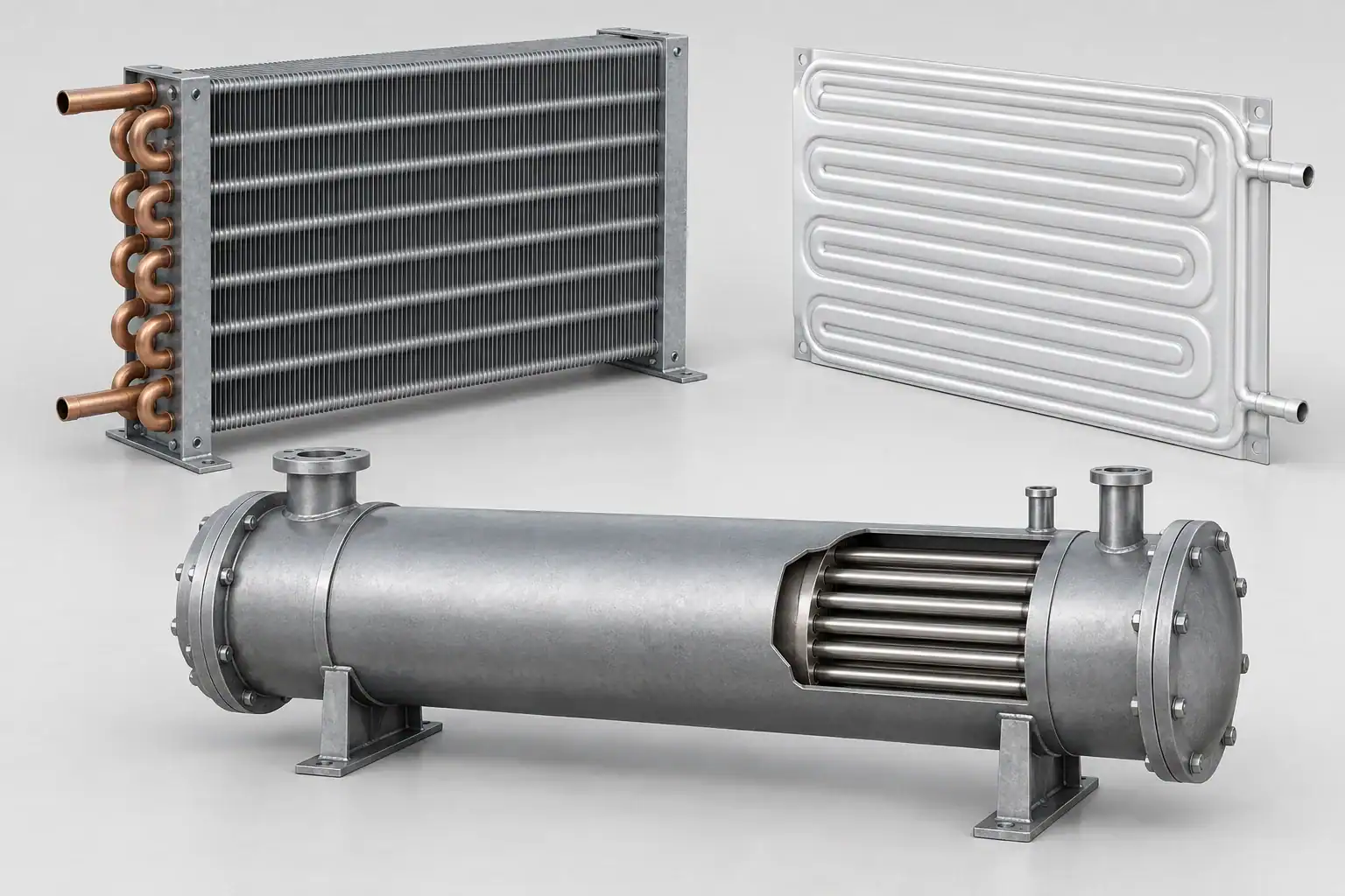 Illustrated finned coil, roll-bond plate and shell-and-tube evaporator constructions