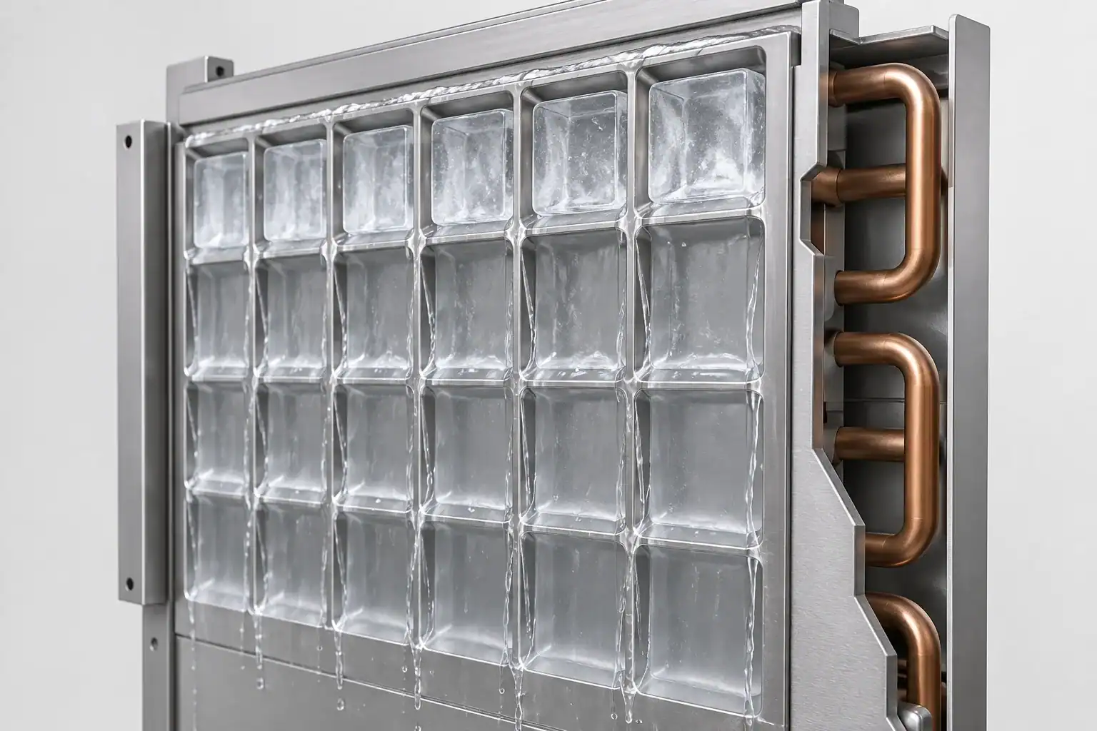 Industrial refrigeration unit with copper piping and glass panels for cooling.