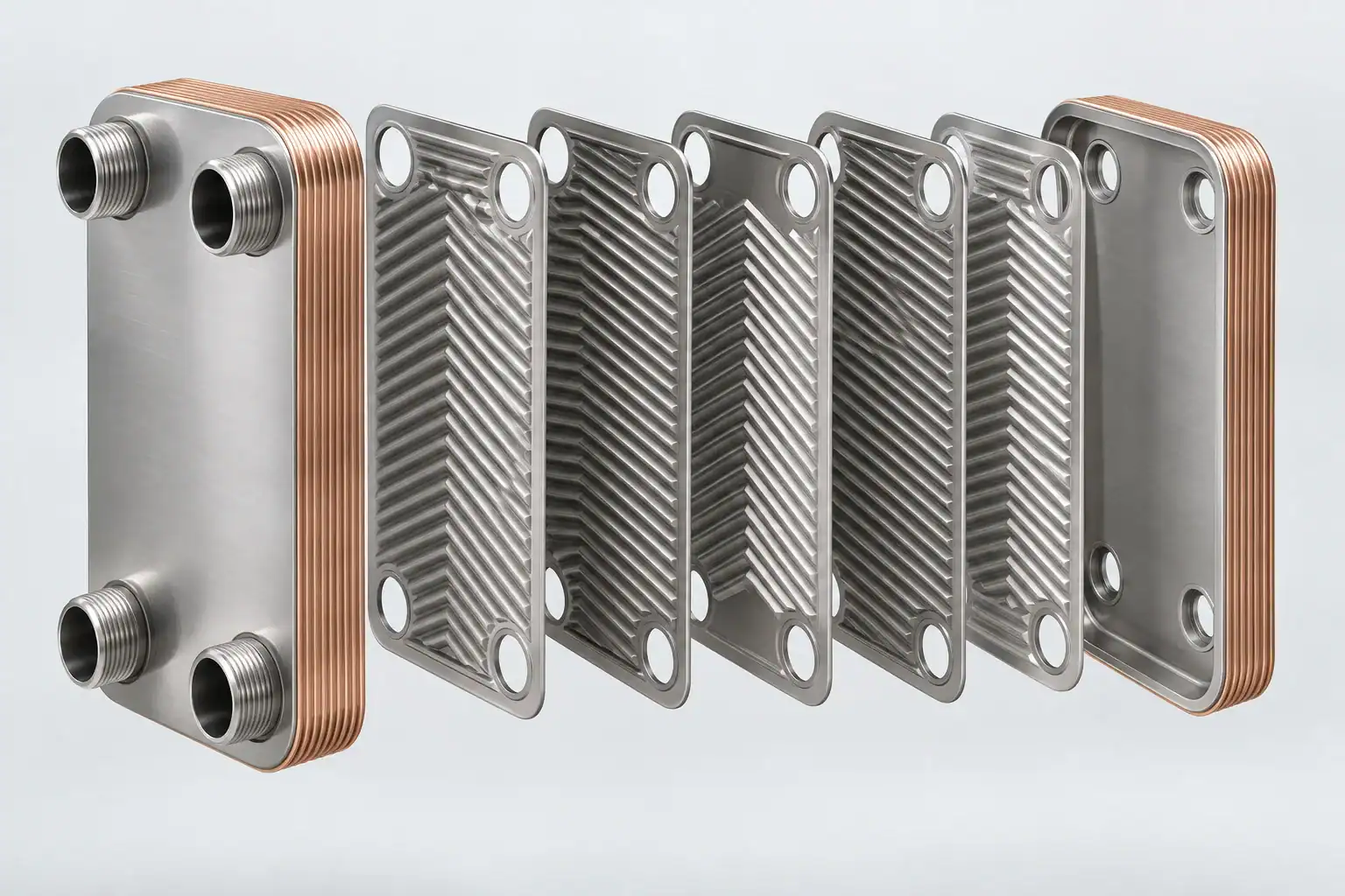 Industrial heat exchanger with multiple metal plates and copper components.