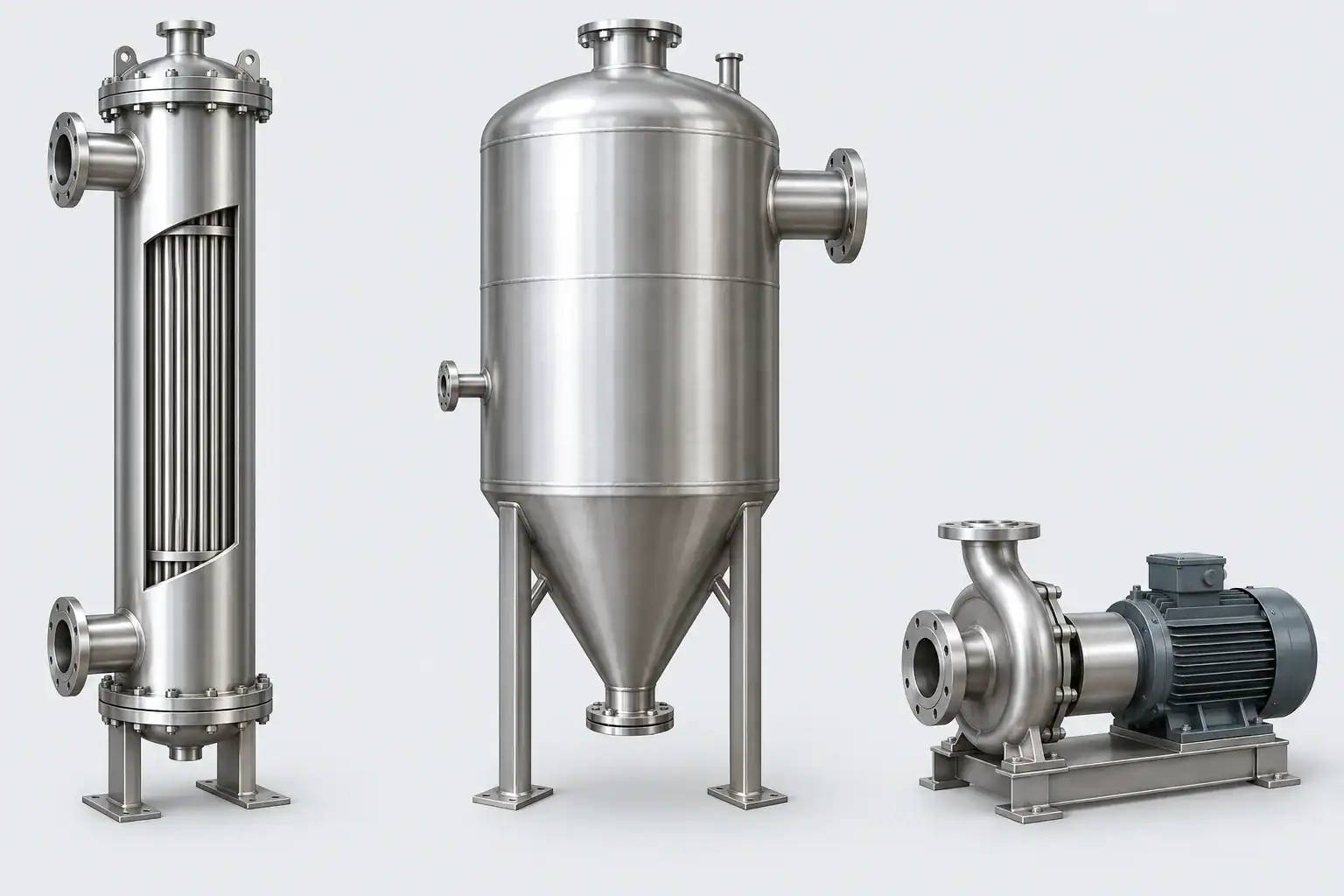 Industrial stainless steel equipment for refrigeration and cooling systems.