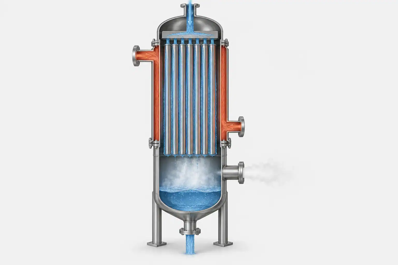 Conceptual vertical falling-film process evaporator with a lower separation chamber