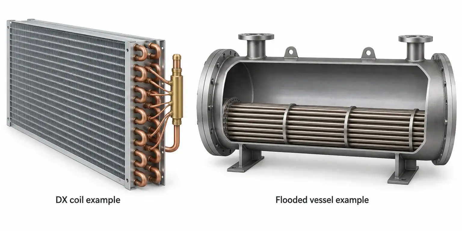 DX finned coil and flooded vessel architecture examples without system piping