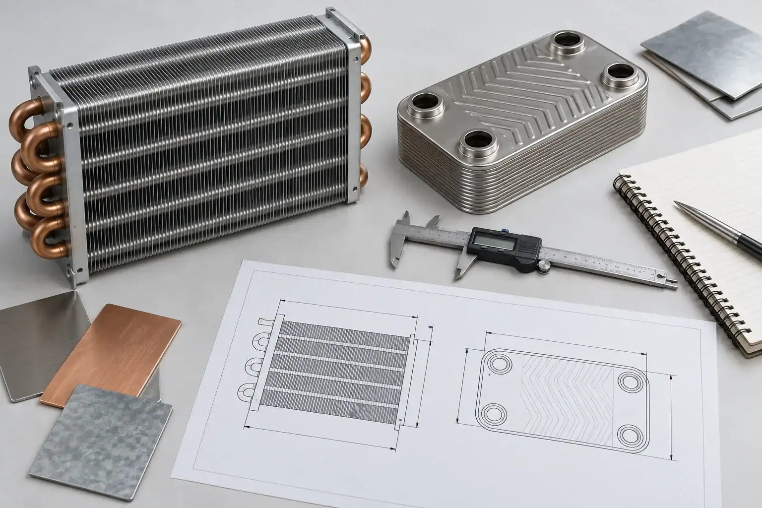 Industrial heat exchanger with technical drawings and tools on a workbench.