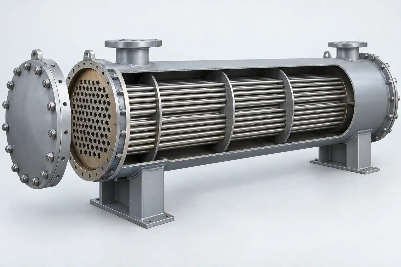 Industrial heat exchanger with metal tubes and flanged ends for HVAC systems.