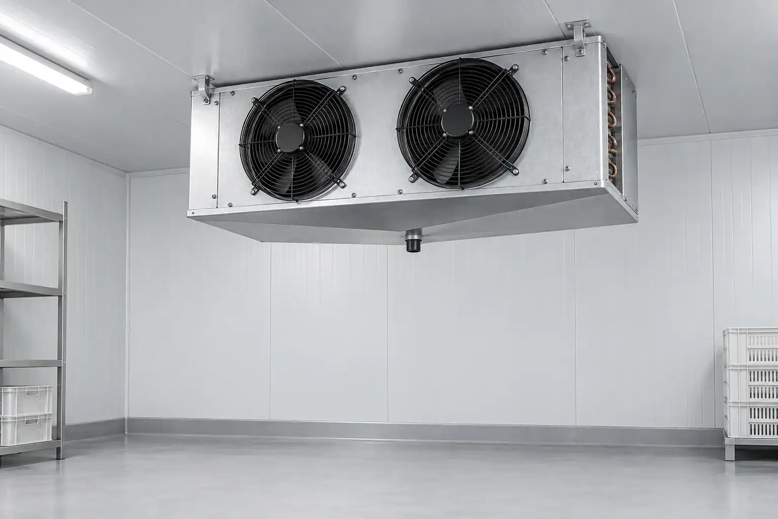 Industrial refrigeration unit with dual fans in a clean cold storage room.