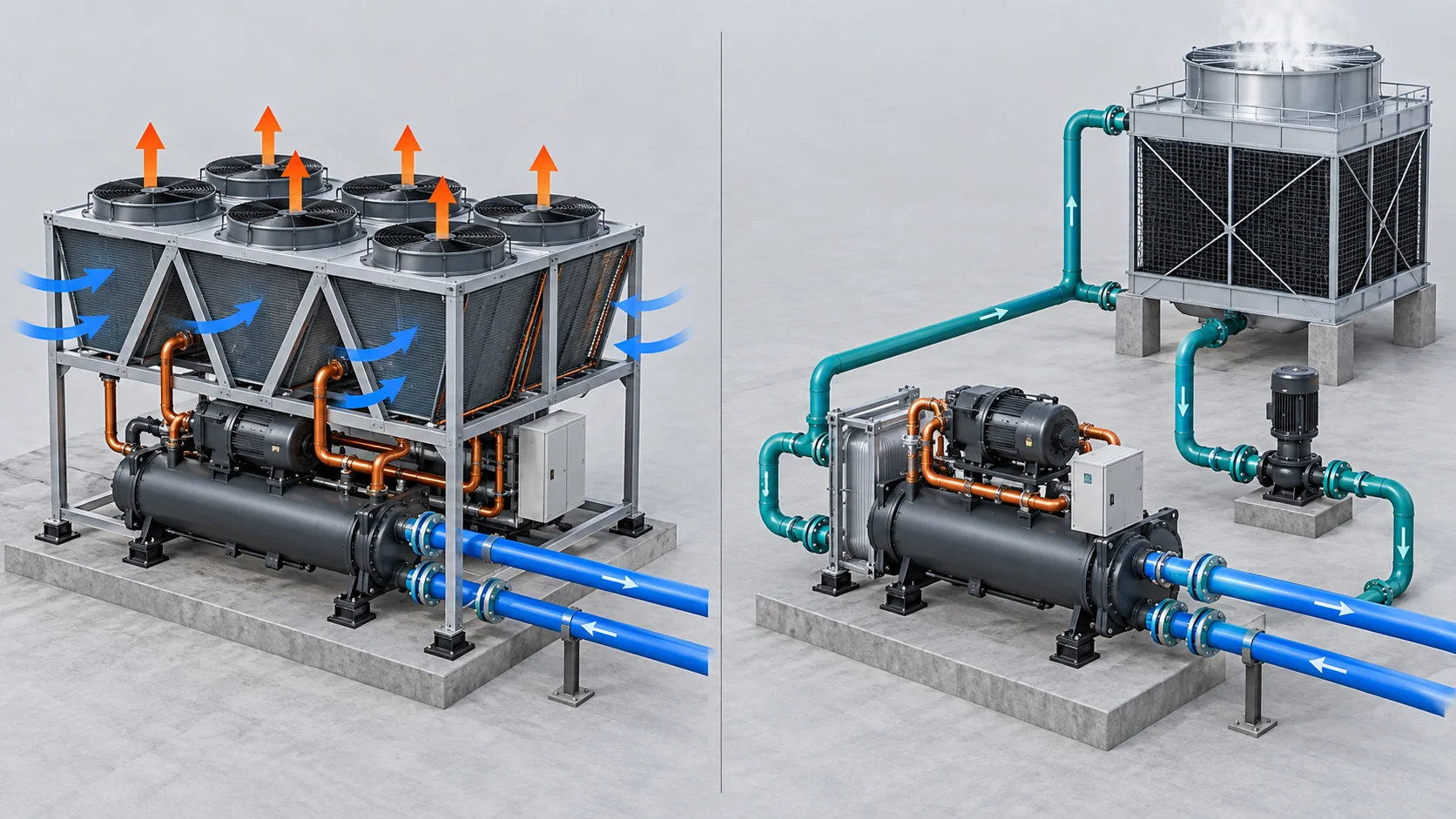 Side-by-side engineering comparison of air-cooled and water-cooled chiller heat-rejection paths with condenser fan versus cooling tower