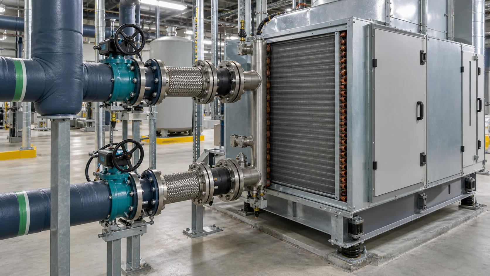 Commercial air-handler coil and process heat-exchanger interface connected to a chilled-water loop, flanged headers and isolation valves visible