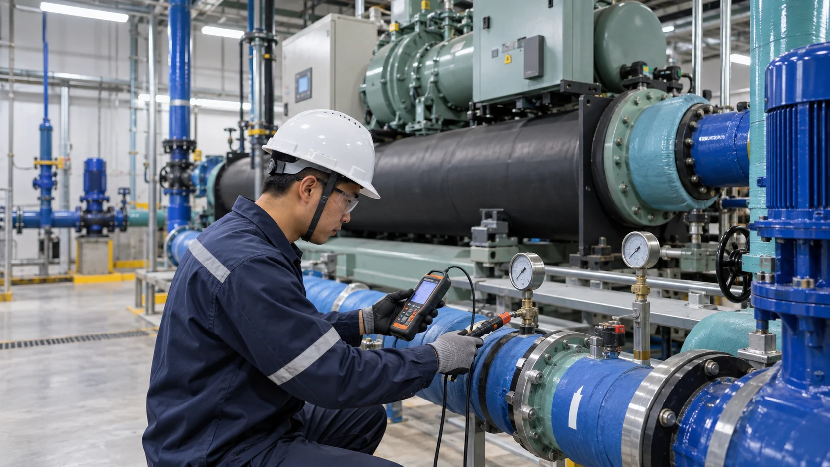 Asian commissioning engineer measuring chilled-water supply and return temperatures, flow and pressure at a running industrial chiller