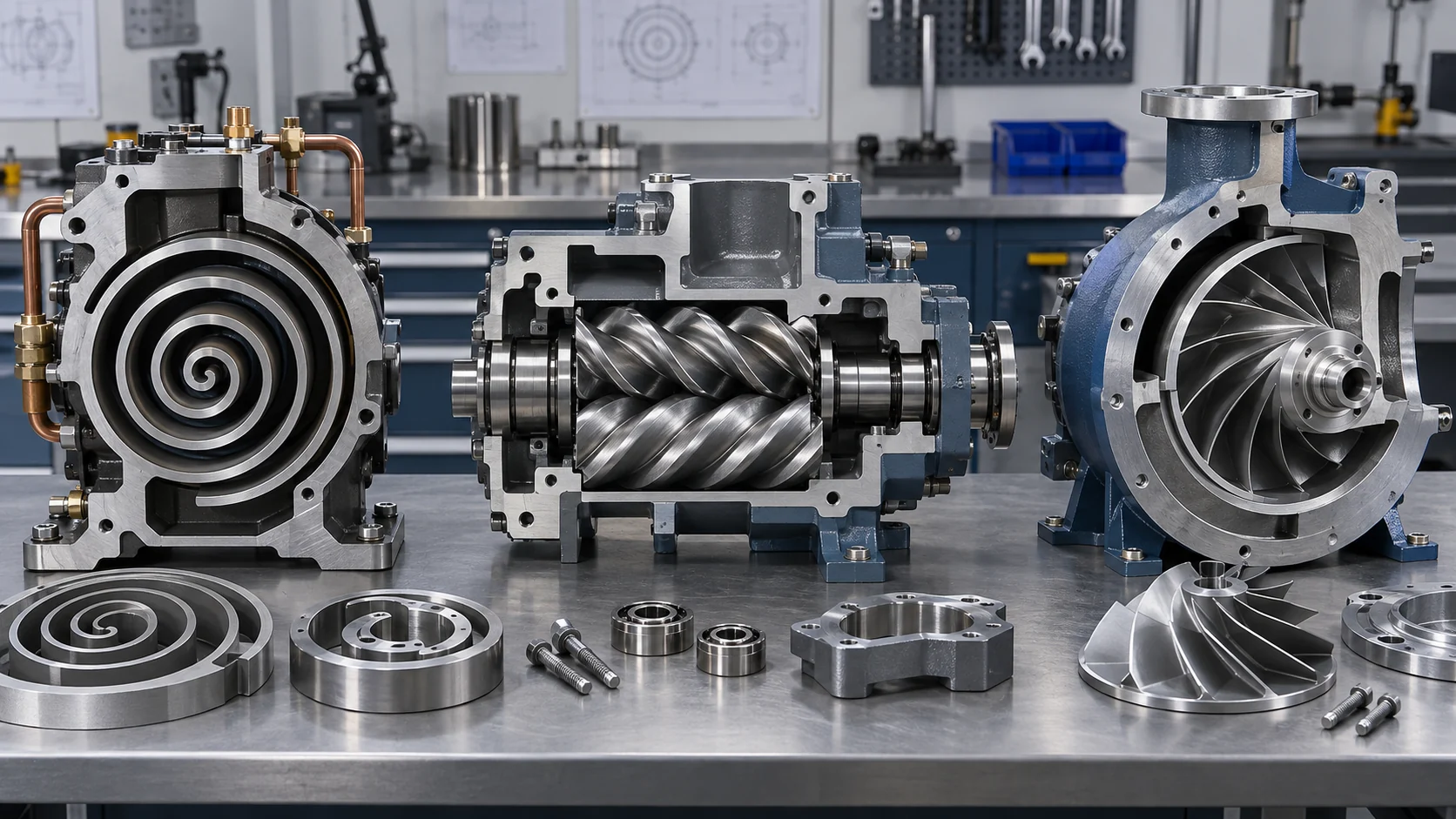 Close technical view of scroll, screw and centrifugal compressor internals arranged on an engineering workbench, no logos or labels