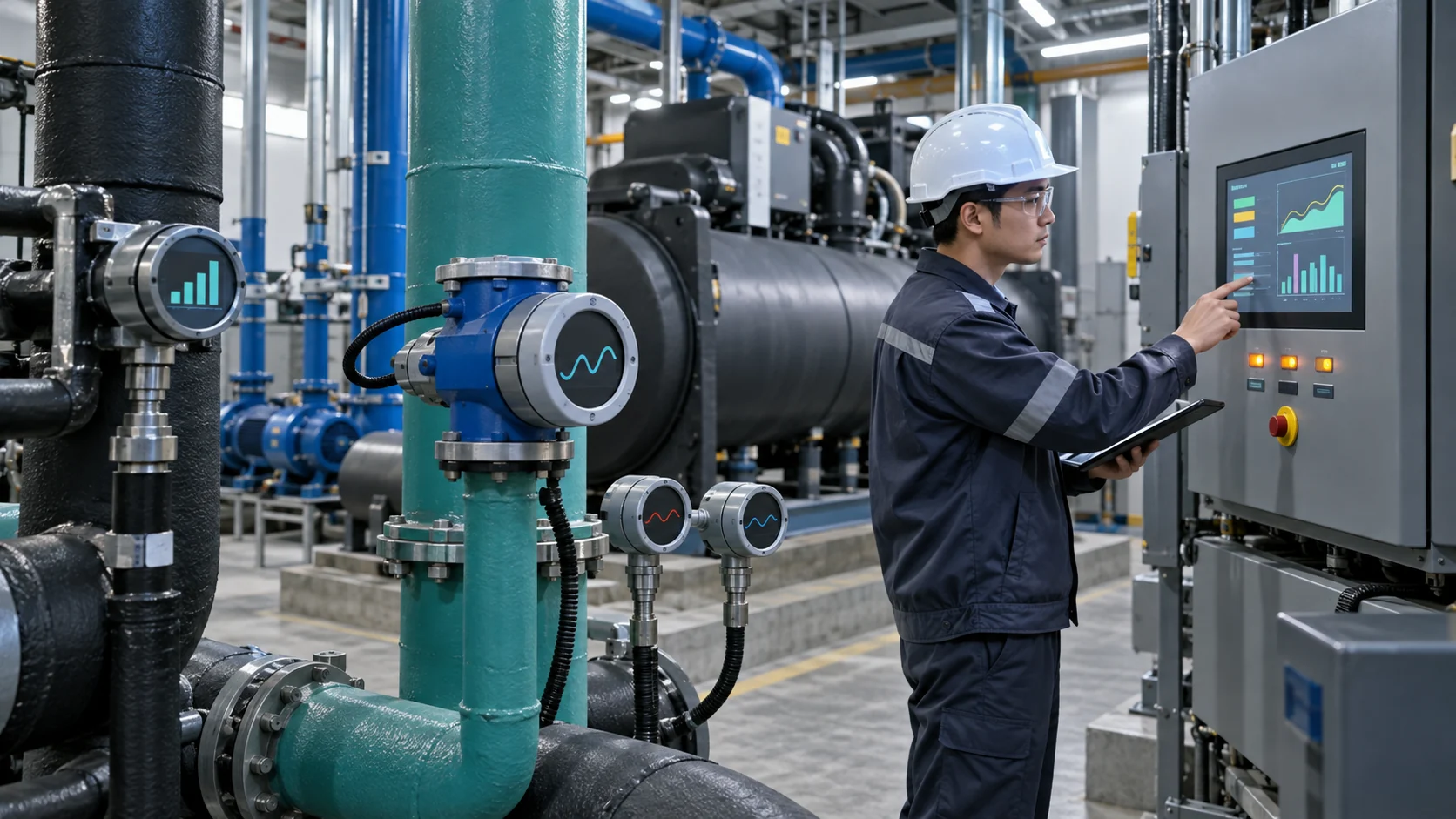 Engineering dashboard-style physical scene with kW per ton, IPLV, entering condenser-water temperature and variable-speed pump measurements